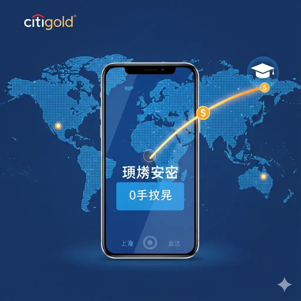 展示全球速汇核心功能的科技感插图。画面主体是一部智能手机，屏幕UI清晰显示“转账成功”和“0手续费”的字样。背景是一张数字化的世界地图，一条明亮的光线瞬间从亚洲节点连接到北美节点，象征资金的即时到账。画面中巧妙融入美元符号（$）和留学生活元素（如学士帽图标），色彩以科技蓝和活力橙为主，视觉上突出跨境汇款的高效、零损耗以及对留学生的实用性。