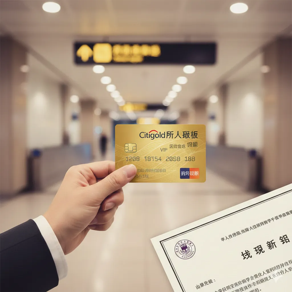 表现VIP特权与尊贵身份的意象图。画面主体是一只手拿着Citigold贵宾卡,通过机场的快速安检通道或VIP休息室的入口。背景虚化,可以看到模糊的“Priority”或“VIP”字样。画面另一侧叠印着名校的录取通知书一角,暗示金融信誉对签证申请的助力。光影运用柔和的暖金色调,营造出从容、优雅、高人一等的氛围,突显高净值家庭的留学体验。