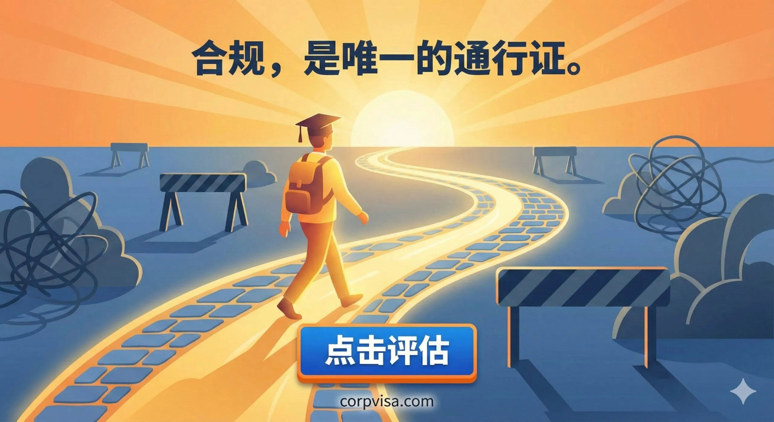 总结图用于强调“合规”是唯一的通行证并引导下一步行动。画面应是积极向上、充满希望的。主体是一条蜿蜒但清晰的道路（象征合规路径），从底部走向远方的光明（象征成功留学）。道路两旁有抽象的障碍物（象征限制），但主角（一个抽象的学生形象）正在这条清晰的道路上自信前行。画面的高处醒目标注文章的核心观点：“合规，是唯一的通行证。”底部则有一个明显的“点击评估”按钮或链接图标，引导用户进行下一步的风险评估。色彩以温暖的橙色、黄色和稳定的蓝色为主，表达积极的解决方案和未来。