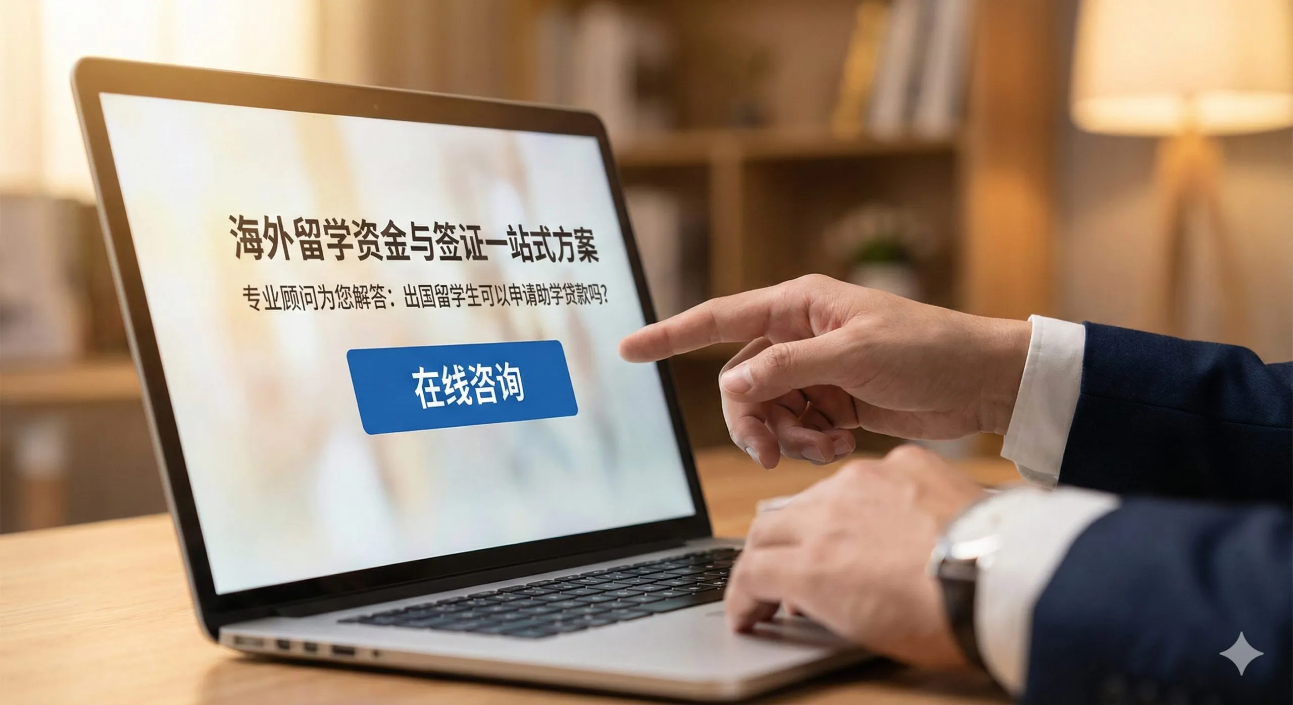 作为文章的收尾和行动号召图。图片应具有强烈的专业服务感和可靠性。主体可以是一个笔记本电脑或平板电脑的画面，屏幕上显示 'corpvisa.com' 的网站界面或一个咨询表格。旁边搭配一个专业的顾问形象（可模糊处理，突出专业着装），手指向咨询按钮。用暖色调和蓝色突出'一站式资金与签证通过方案'的承诺。构图聚焦于屏幕上的'在线咨询'按钮，引导用户进行下一步行动。