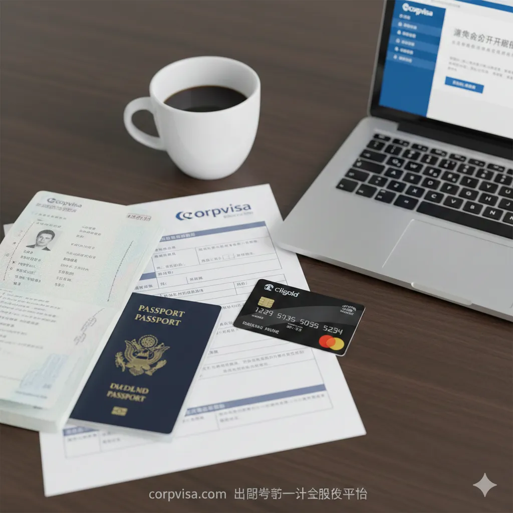 一张展现专业咨询与办理流程的特写图。在整洁的深色木纹办公桌上,整齐地摆放着一本打开的护照、一份带有Corpvisa标志的签证申请表、一张黑金色的Citigold借记卡以及一杯咖啡。旁边是一台打开的笔记本电脑,屏幕上隐约可见海外开户的确认页面。视角为俯拍或45度侧拍,景深较浅,焦点集中在银行卡和签证文件上,传达出“一站式服务”和“提前准备”的教学指导意味。
