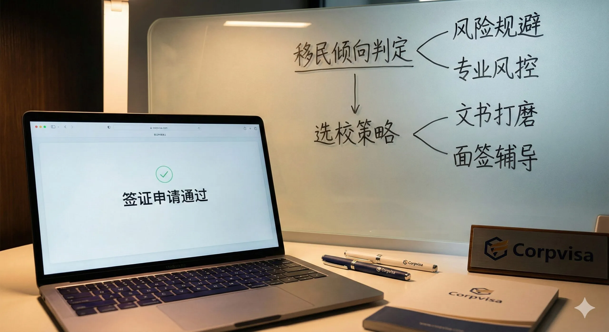 展示专家咨询优势与风险规避的场景图。画面描绘了一个现代化的咨询办公室一角，前景是一台笔记本电脑显示着签证申请通过的界面，背景是一块磨砂玻璃白板，上面画着关于'移民倾向判定'和'选校策略'的思维导图。光线聚焦在电脑屏幕和专业的办公用品上，营造出值得信赖、专业把控风险的氛围，呼应Corpvisa作为签证专家在'文书打磨'和'面签辅导'方面的核心价值。