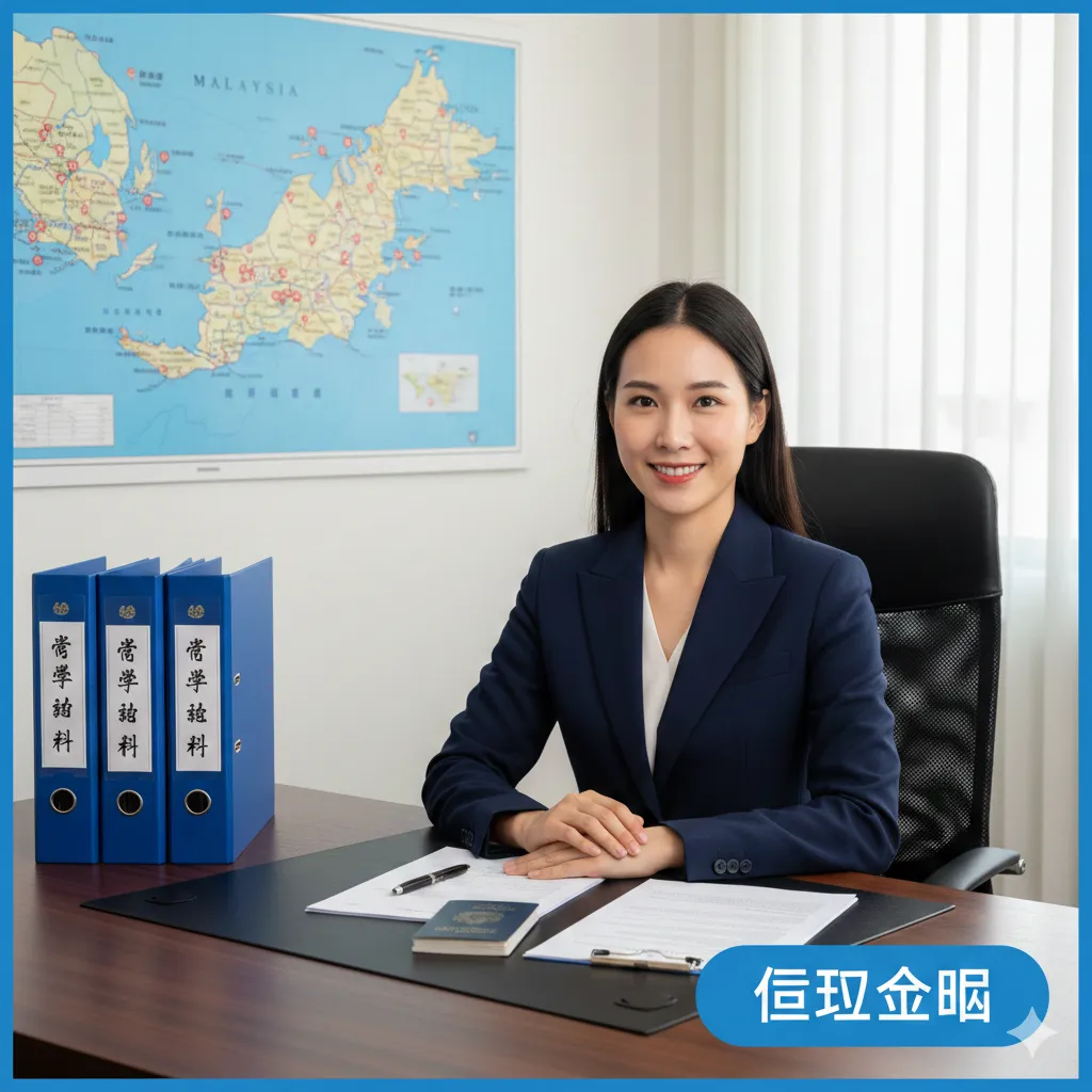 文章总结部分的引导图,体现corpvisa的专业服务。画面展示一位身穿商务装、亲切微笑的专业顾问,面前摆放着整理整齐的留学申请材料夹和护照。背景是干净的办公室环境,墙上挂着马来西亚地图。画面光线柔和,营造出值得信赖和权威的氛围。底部或侧边设计有‘立即评估’的视觉引导元素,旨在引导读者完成最后的行动转化。