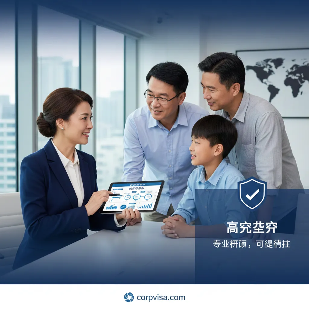 一张表现专业咨询与信任感的商务风格图片。画面描绘了一位穿着整洁职业装的资深顾问正在与一家人（学生和家长）在明亮的办公室进行交谈，顾问面带微笑，手中展示着一份详细的规划文件或平板电脑上的数据图表。背景是模糊的办公室环境，隐约可见墙上的世界地图装饰。画面右侧叠加半透明的盾牌图标或'高成功率'的数据可视化图形，色彩以稳重的藏青色和白色为主，强调CorpVisa专家的权威性与可靠性。