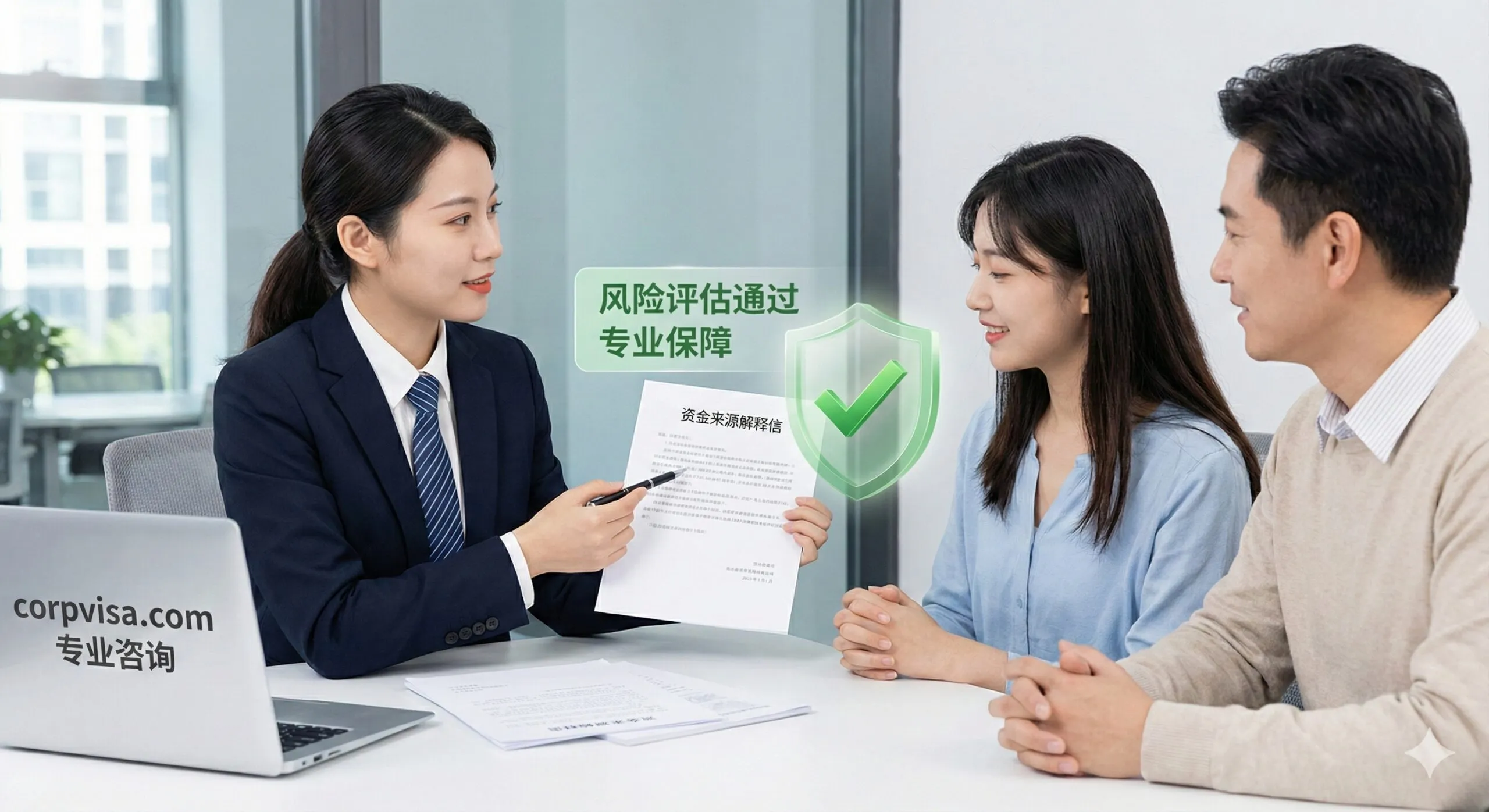 描绘专业咨询服务的商务场景图。一名身着职业装的顾问(代表corpvisa专家)正在向学生和家长展示一份资金来源解释信,并用笔指出关键点。画面中可以加入半透明的绿色盾牌或对勾图标,象征“风险评估通过”和“专业保障”。整体氛围值得信赖、稳重,重点突出了corpvisa在处理复杂资金证明和降低拒签风险方面的核心优势。