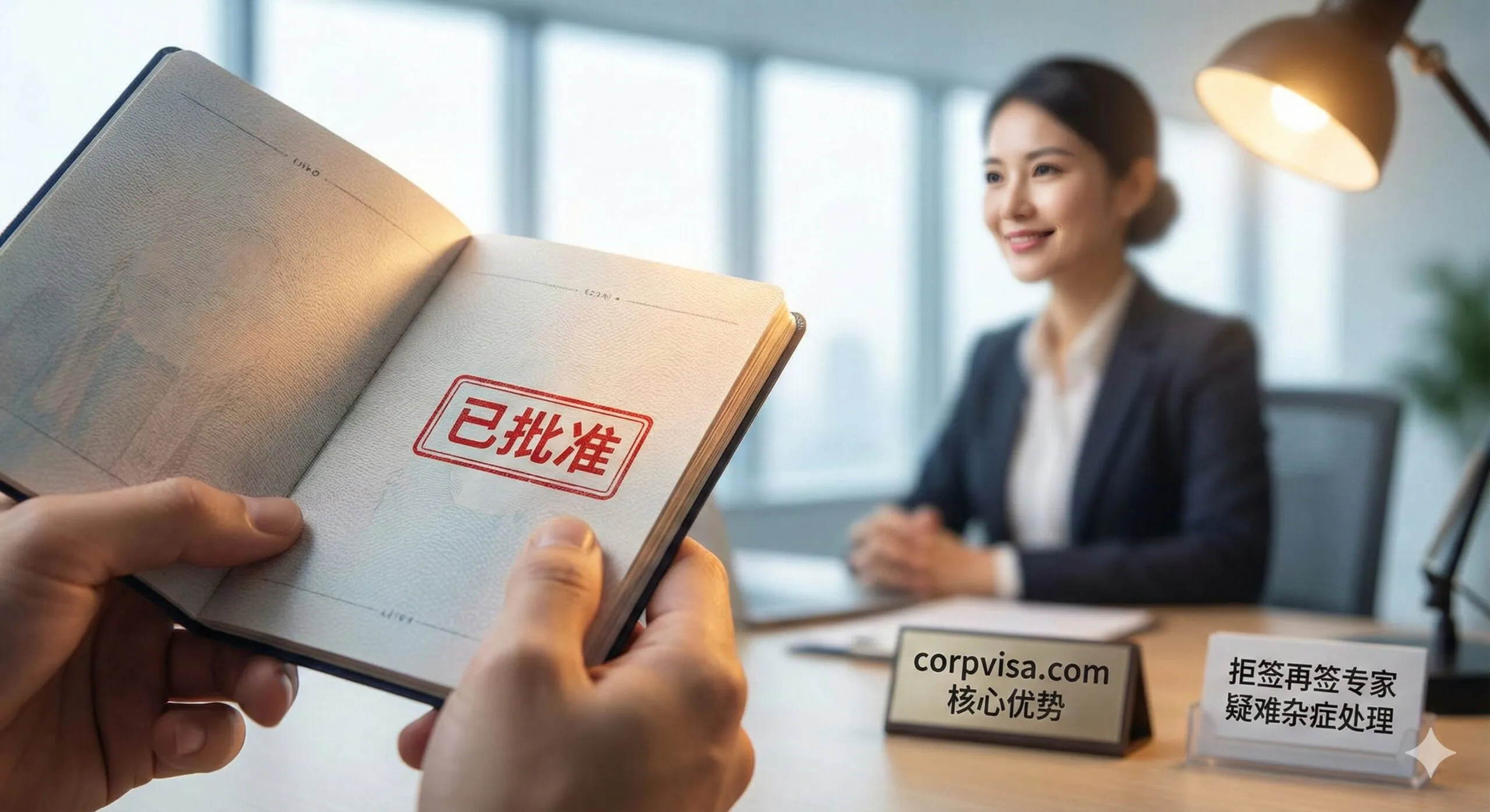 一张聚焦于高难度签证申请成功的特写摄影图。画面特写展示一本护照上刚刚盖下的“Approved”签证印章，印章清晰可见，背景虚化显示出一间高端明亮的办公室环境和一位自信微笑的签证专家（模糊轮廓）。光线聚焦在签证印章上，色调温暖且充满质感，强调corpvisa在处理拒签再签、疑难杂症方面的核心竞争力，传递出安心与成功的强烈信号。