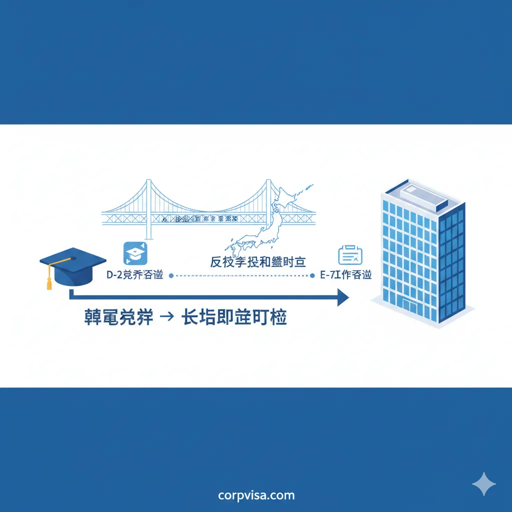 专为corpvisa.com设计的专业图表风格图片，展示行政手续与长期职业规划的战略联系。画面描绘了一条从大学学士帽（象征D-2留学签证）流向现代化办公大楼（象征E-7工作签证）的路径。采用专业的蓝色和白色调，象征信任与专业度。背景中隐约可见连接日本地图与韩国地图的桥梁元素，暗示跨国服务的优势，强调从留学到就业的无缝衔接。