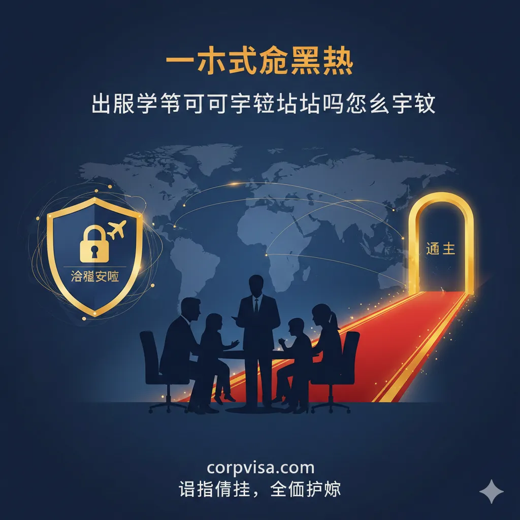 一张总结性的品牌服务图，体现corpvisa.com的专业性。画面左侧是一个盾牌图标，象征资金安全与签证保障；右侧是一条通往成功的红毯。画面中心是专业的顾问在为家庭进行一对一咨询的剪影，背景融入了全球地图底纹。色调延续品牌深蓝色，并加入点睛的橙色提示‘一站式解决方案’。整体设计高端、稳重，给人以值得信赖、全面护航的品牌印象。