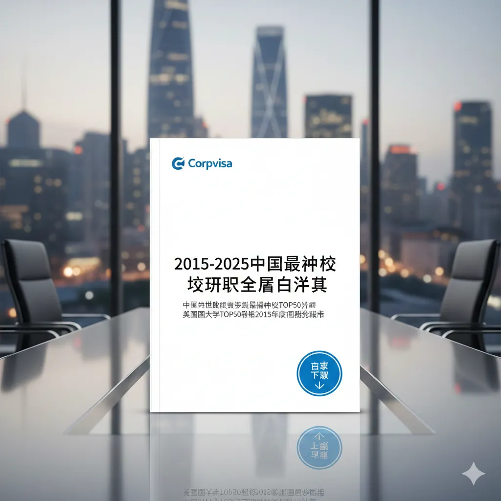 一张精美的白皮书报告实物样机图，封面上印有'2015-2025中国最强中学录取全景白皮书'字样及Corpvisa的Logo。报告放置在现代化的玻璃会议桌上，背景是模糊的城市天际线，象征着广阔的未来。画面右下角设计一个醒目的'点击下载'视觉引导元素，引导用户进行留资转化，整体风格商务且高端。
