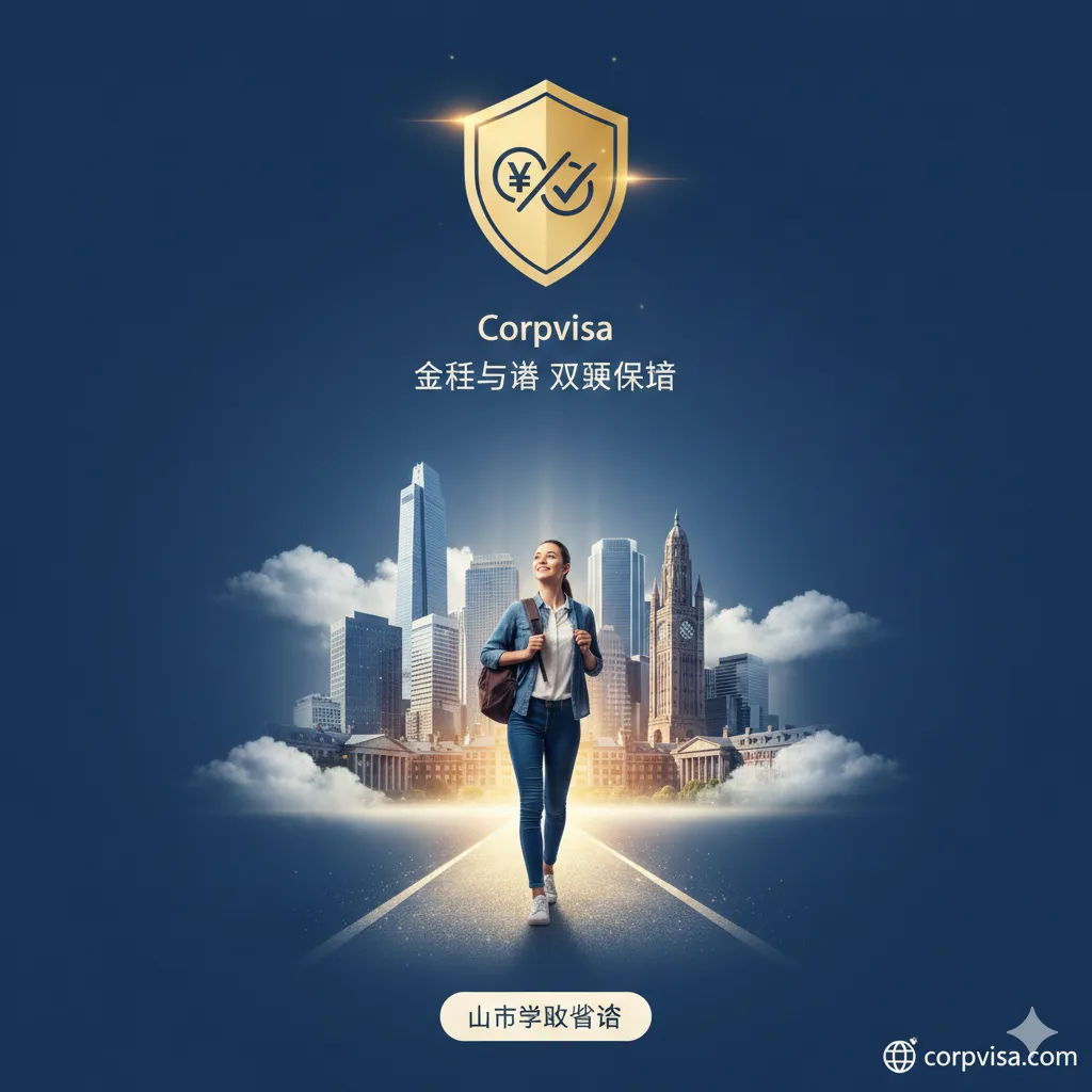 总结性且充满希望的画面，用于文章结尾的行动呼吁。一位背着双肩包的留学生自信地走向远方的现代化城市天际线或常春藤大学图书馆，寓意留学之路畅通无阻。画面上方悬浮着一个半透明的金色盾牌图标，象征Corpvisa提供的资金与签证双重保障。整体色调采用Corpvisa品牌色的稳重风格（深蓝与白），引导用户产生信任感并点击预约咨询。