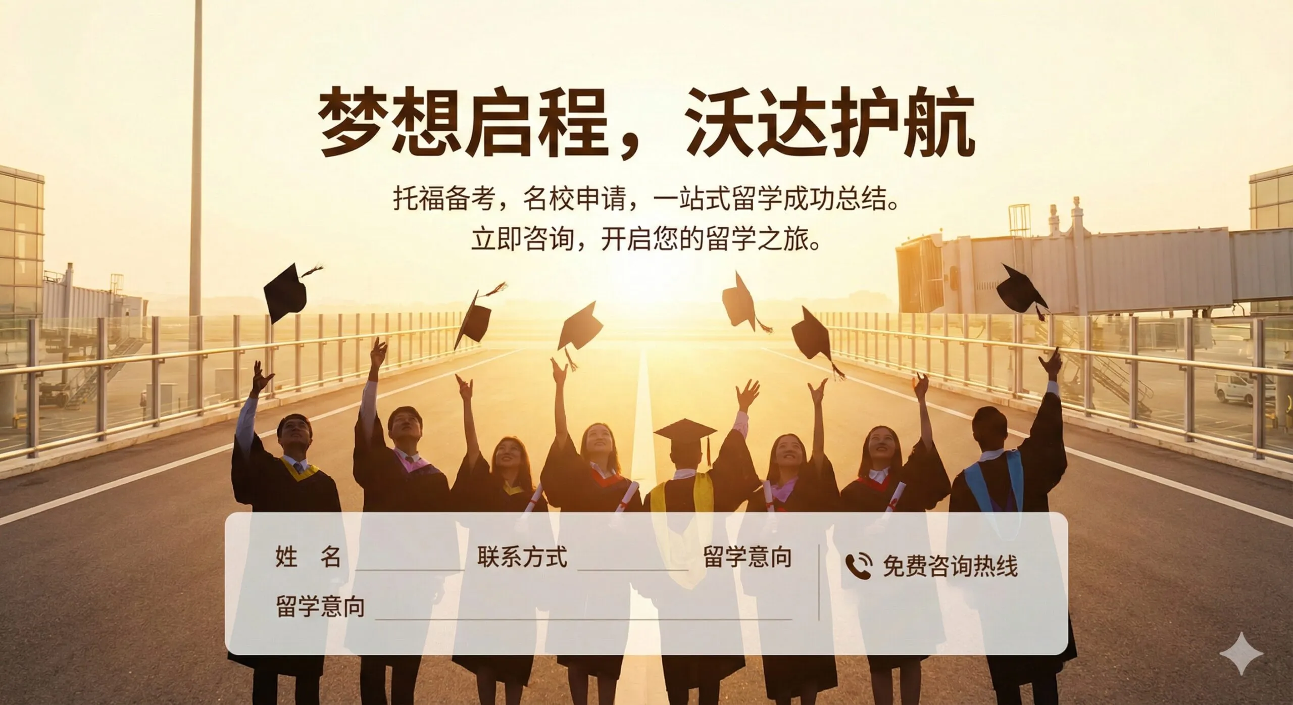 一张充满希望与成就感的总结性图片。画面描绘了一群身着不同国家学位服的毕业生在阳光下抛起学士帽的剪影，背景是通向未来的宽阔跑道或登机口。画面下方叠加了半透明的咨询表单和电话图标元素，暗示'立即行动'。整体色调温暖明亮，传递出梦想成真的喜悦，作为文章结尾强有力的号召。