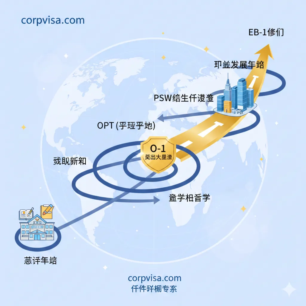 突出Corpvisa优势，从留学到O-1签证的长线规划图。路径上标注有关键节点：Offer、OPT、PSW、O-1签证，强调Corpvisa不仅是留学中介，更是身份规划专家。