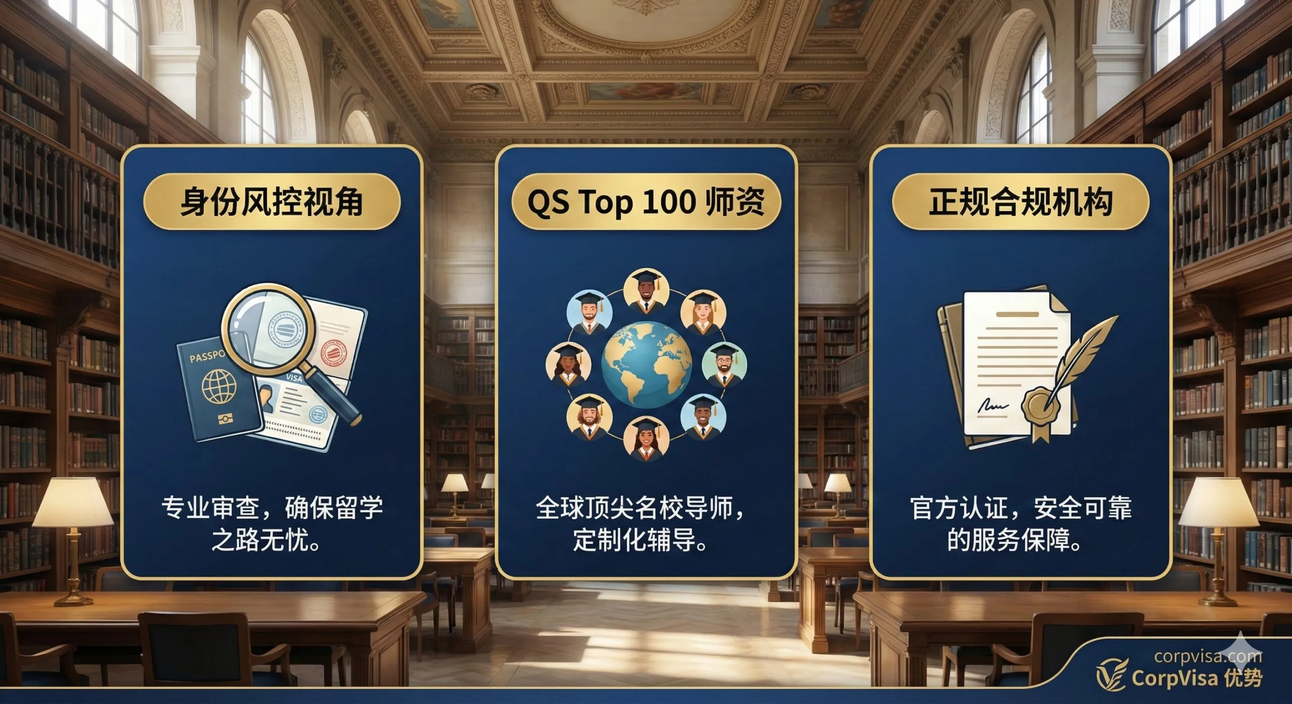图片突出CorpVisa区别于传统机构的优势。采用三列式卡片设计。第一列:'身份风控视角',图标是一个护照/签证被放大镜检视;第二列:'QS Top 100 师资',图标是多位不同肤色的精英导师头像围绕一个地球仪;第三列:'正规合规机构',图标是一个带有印章或合约的文书。整体背景可以是一个高耸的大学图书馆内景,体现学术权威性。色彩使用金色、深蓝、白色,突出'专业、安全、权威'的核心优势。