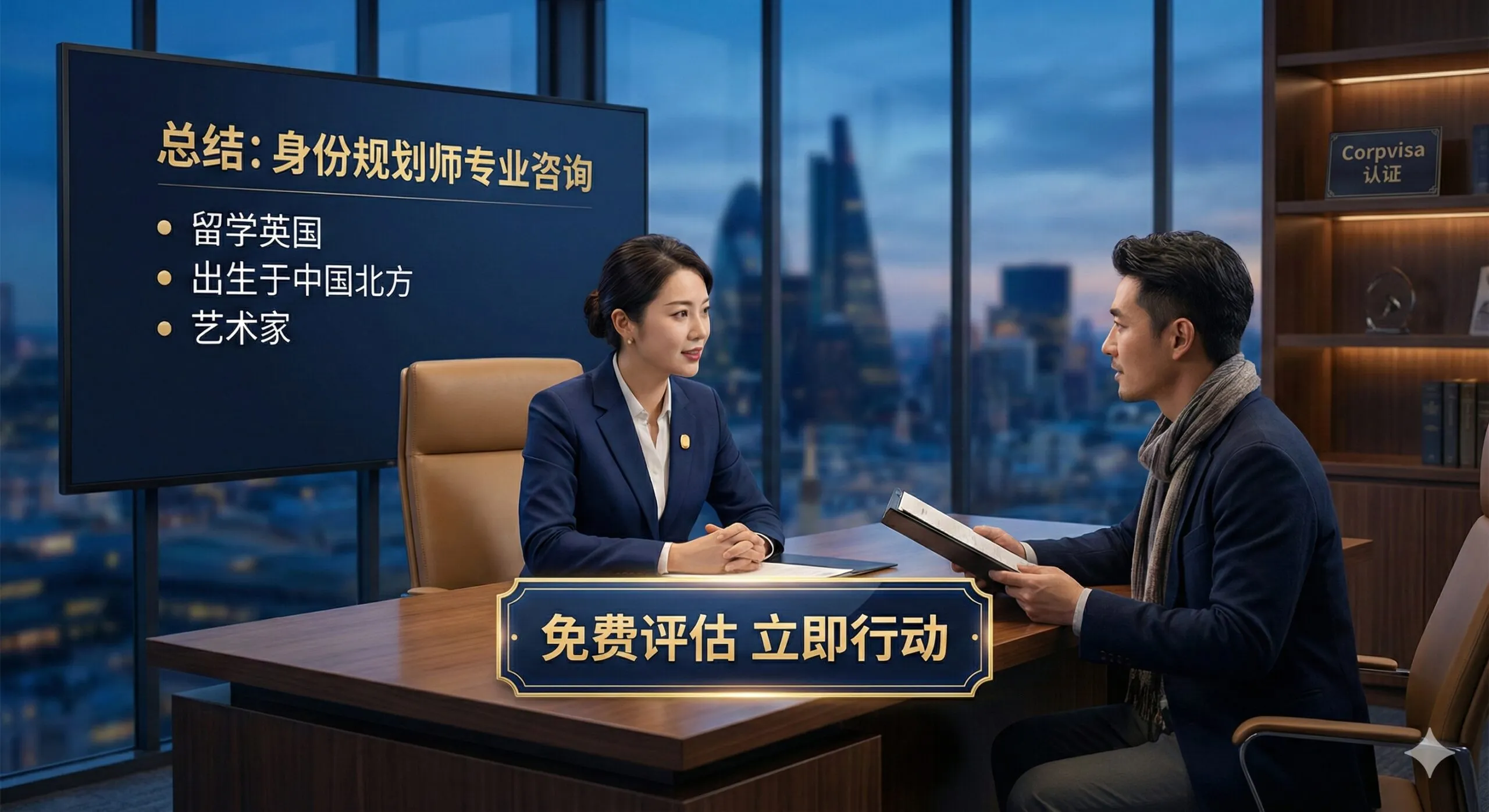 作为总结和CTA（Call to Action）图片，应展示Corpvisa的专业与权威感。主体为一个专业的咨询场景，一位身着西装的专业人士（象征Corpvisa顾问）正在与一位艺术家沟通，背景是抽象的伦敦城市天际线和Corpvisa的品牌色调（如深蓝、金）。画面应突出“咨询”和“免费评估”的字样，强化“身份规划师”的角色，并引导用户采取行动。构图稳重，色彩沉稳，传递可信赖的专业服务形象。
