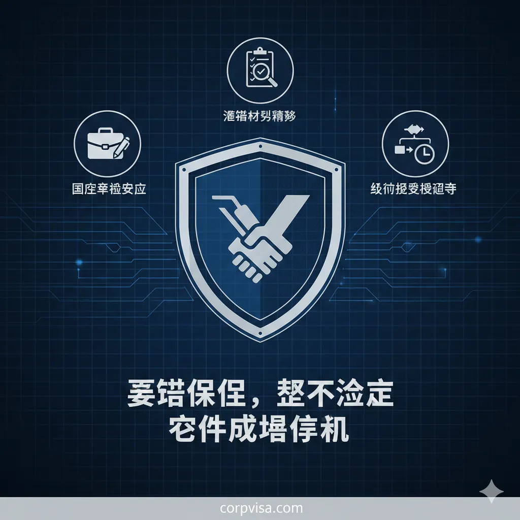 优势图用于强调Corpvisa.com的专业服务和隐私保障。画面主题应围绕信任、安全和专业。主体是一个盾牌图标，内部包含一个抽象的“V”形或握手图案，象征专业保护。盾牌周围环绕着三个小图标，分别代表：1. 国内审批协助（公文包/钢笔），2. 签证材料精修（放大镜/Checklist），3. 行政审核应对（流程图/时钟）。下方用醒目的字体标出核心承诺：“严格保密，绝不泄露客户背景信息。”整体风格采用科技感强的深蓝、银灰配色，营造安全可靠的品牌形象。