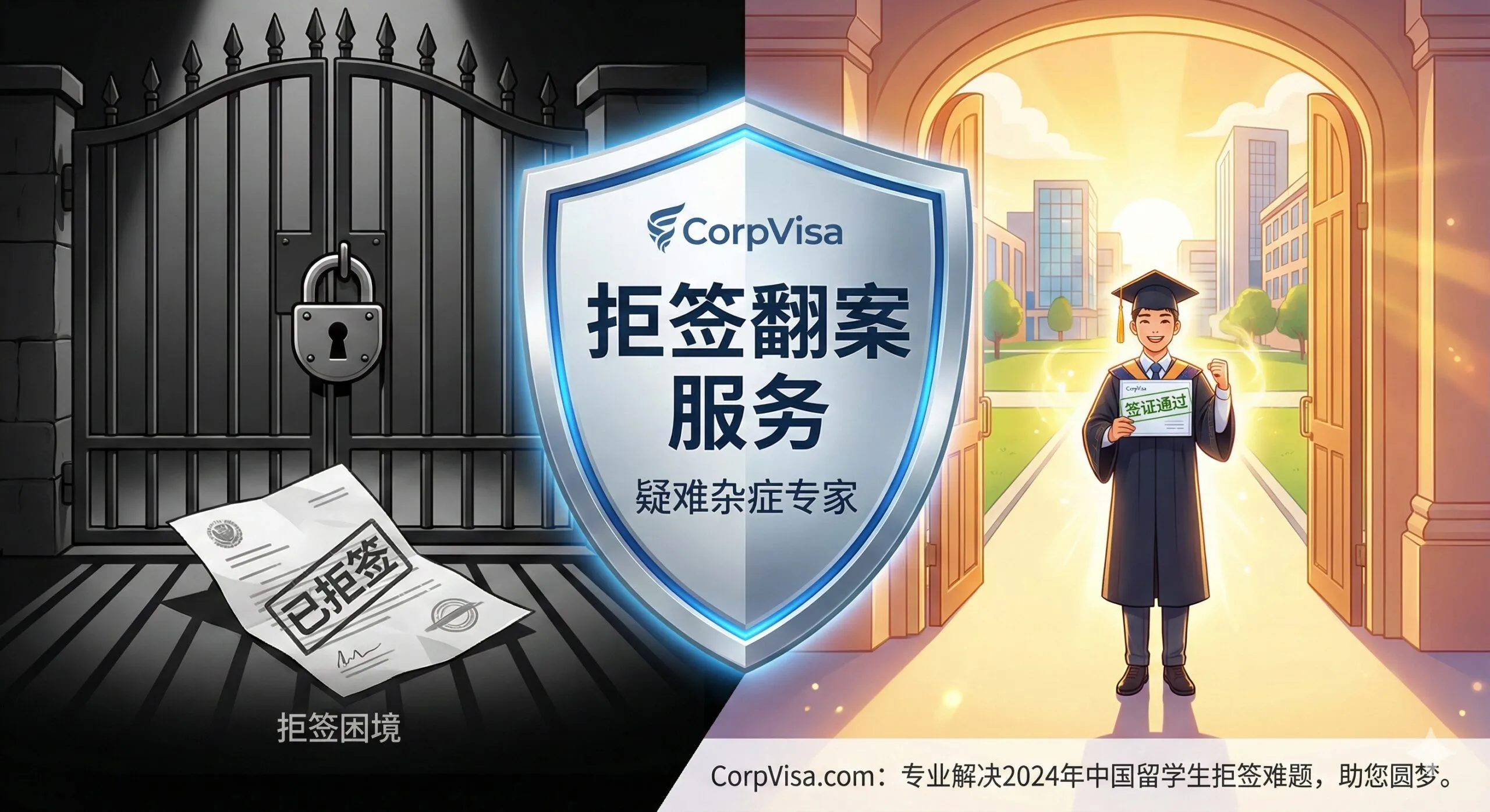 展现CorpVisa专业解决拒签难题和复杂背景申请的优势。图片应以对比和解决问题的场景为核心。左侧是黑白色调，象征'拒签'的紧闭大门和一张印有'Refused'的签证信。右侧是明亮的彩色，一个拿着成功获签信的留学生，前景中有一个坚实的盾牌，印有'CorpVisa'标志和'拒签翻案服务'字样。构图上，盾牌从黑暗区域延伸至光明区域，象征CorpVisa帮助学生克服困难、走向成功，突出其'专业解决拒签难题'的独特优势。