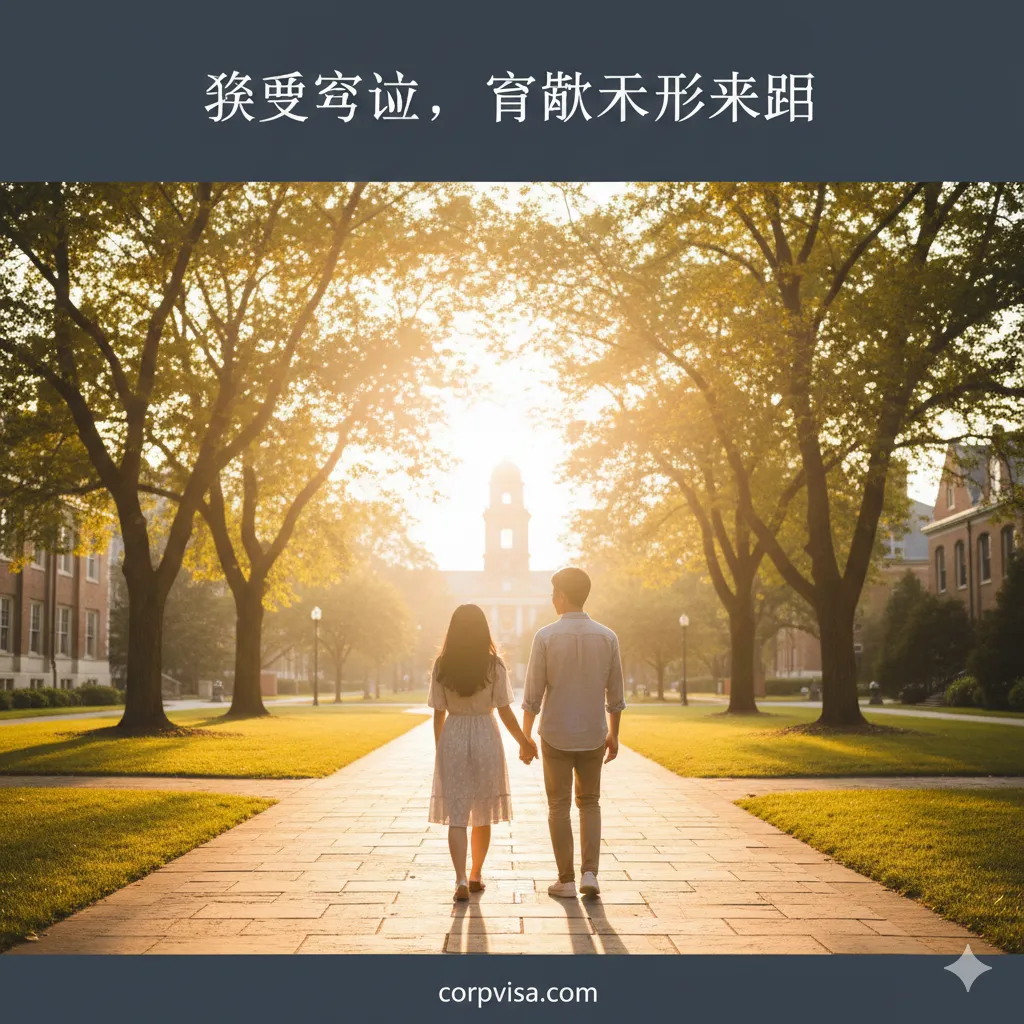 一张充满希望与信任的背影图。展示这对情侣手牵手漫步在风景优美的国外大学校园林荫道或草坪上，阳光透过树叶洒下斑驳光影（Golden Hour）。画面构图开阔，象征着经历了异地考验和误解消除后，两人关系更加稳固，共同面对未来的留学生活。风格温馨治愈，为文章画上完美的句号，升华主题。
