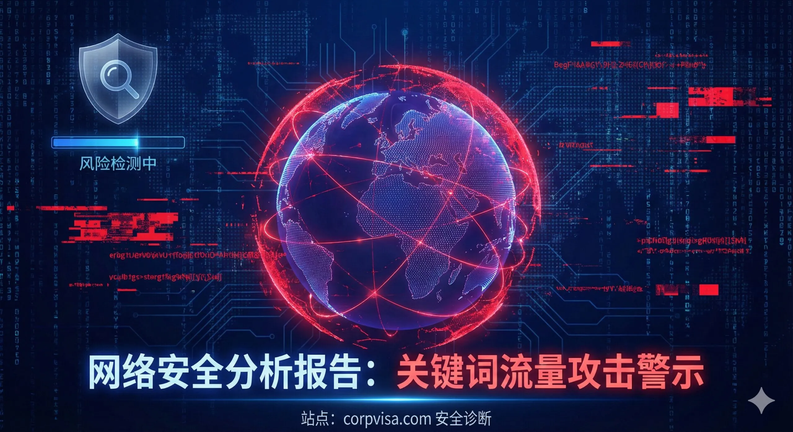 一张极具科技感与紧迫感的网络安全分析封面图。画面中心是一个被红色警告光圈环绕的立体地球仪，象征着corpvisa.com网站遭受了全球范围内的恶意关键词流量攻击。背景是深蓝色的数字矩阵，其中穿插着断裂的、红色的故障代码（Glitch Art），隐喻'黑帽SEO'注入的垃圾内容。左上角有半透明的盾牌图标正在进行扫描，显示'Risk Detected'字样。整体色调为深海蓝与警示红的强烈对比，光影硬朗，突显出专业SEO诊断报告的严肃性与技术深度。