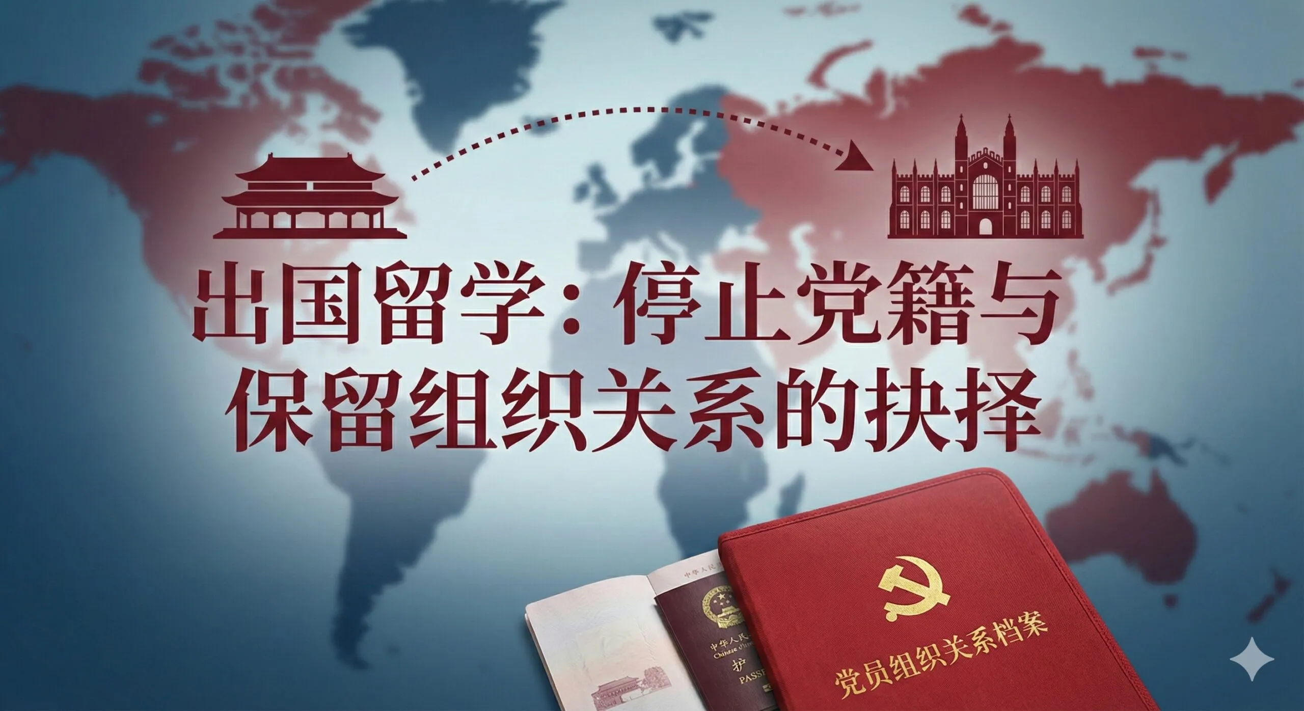 以深蓝色和红色为主色调，象征庄重和党性。构图中心是一个打开的护照，护照旁边叠放着一张红色封皮的党籍档案袋，档案袋上印有金色党徽或抽象的党组织标志。背景是一个模糊的世界地图，并用一条虚线箭头连接了中国和海外的大学建筑剪影（如牛津/剑桥风格）。标题浮现在前景，文字内容聚焦“停止党籍”与“保留组织关系”的抉择，营造出出国留学面临身份抉择的严肃感。