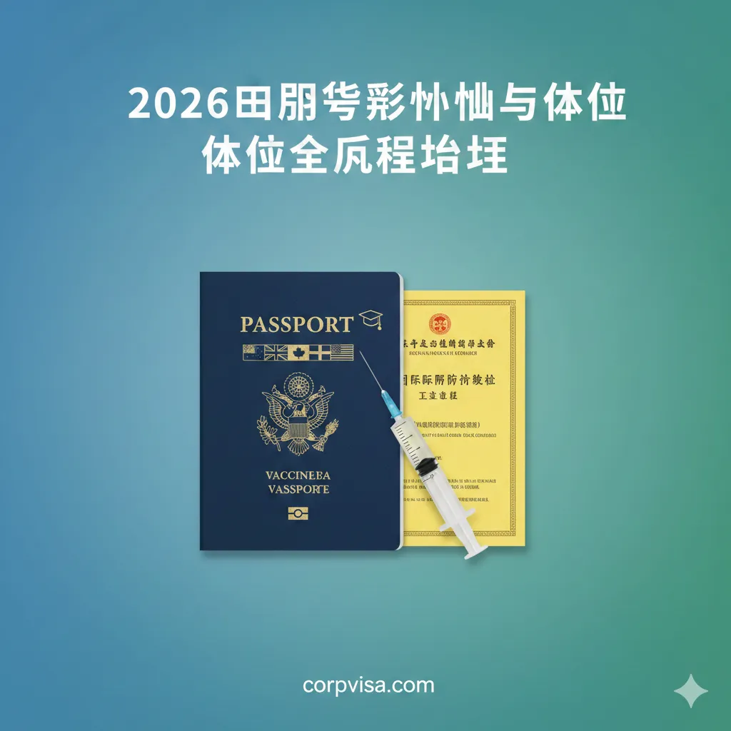 一张富有希望和专业感的封面图。主视觉元素:一本带有各国国旗(美、英、加、澳)和🎓图标的护照,旁边是《国际预防接种证书》(小黄本)和一支注射器,暗示留学与健康的主题。背景采用渐变的蓝绿色调,代表安全与健康。标题醒目:'2026出国留学疫苗与体检全流程指南'。整体构图居中,突出护照与证书的关联性。