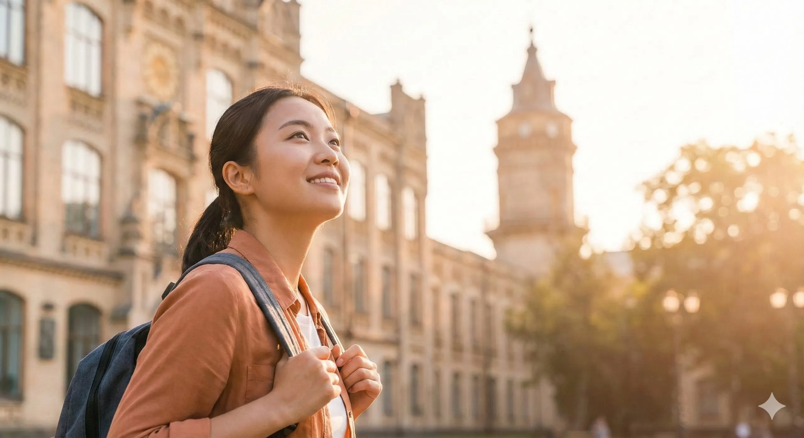 图片应以温暖、启发人心的风格呈现。主体是一位亚洲年轻女性，站在一个欧洲或北美大学的标志性建筑（如古老图书馆或钟楼）前，清晨的阳光洒在她身上，她面向天空，眼中流露着自信和满足的笑容。背景虚化，强调人物和地标的结合。色彩以暖色调为主，象征希望和成长。画面下方叠加一行半透明的英文励志短语，例如“It was all worth it.”（这一切都值得）。构图采用三分法，引导视线。这张图旨在表达克服困难后的成就感和留学的价值。