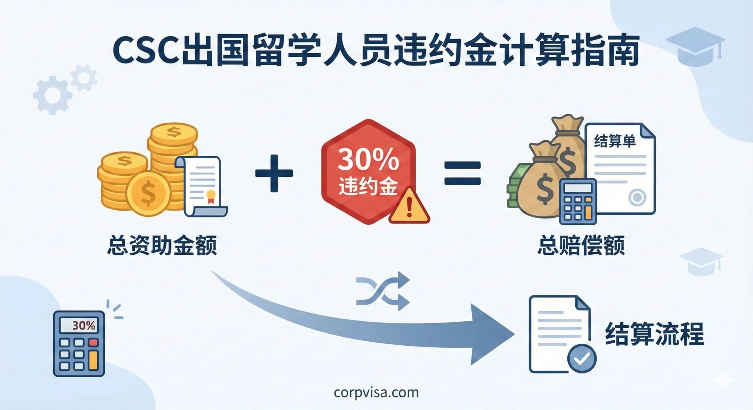 A tutorial-style educational graphic visualizing the 'CSC Default Penalty Calculation'. The composition features a minimalist mathematical equation: 'Total Funding' plus '30% Penalty' equals 'Total Compensation'. Visual elements include a stylized calculator, stacks of coins representing scholarship funds, and a flow arrow pointing towards a 'Settlement' document. The design is flat and vector-based, making the complex financial consequences easy to understand at a glance, suitable for a professional guide.