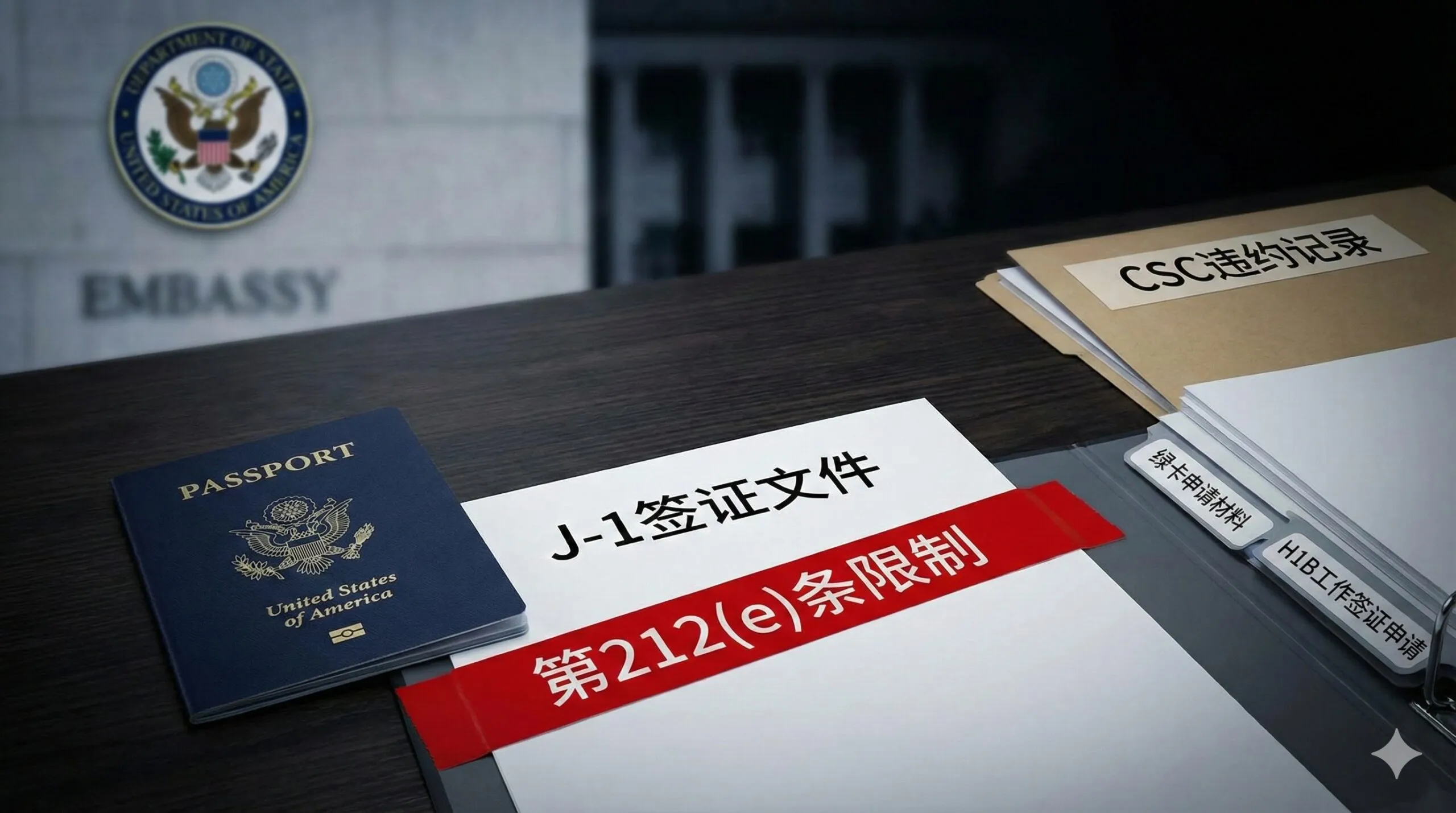 A conceptual image illustrating the impact of CSC default on international visas. The focal point is a US passport and a J1 Visa document resting on a surface, crossed by a red tape labeled 'Section 212(e) Restriction'. In the background, a blurred silhouette of a courthouse or embassy suggests legal barriers. The image highlights the conflict between the default record and future immigration plans (Green Card/H1B), using a serious tone with sharp focus and professional composition.