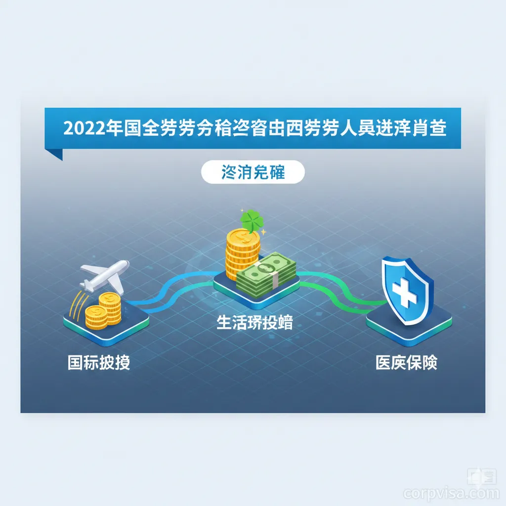 展示CSC资助内容的功能性信息图，采用扁平化或等距微立体风格。画面中包含代表'国际旅费'的飞机图标、代表'生活奖学金'的钱币堆叠、以及代表'医疗保险'的盾牌图标。这些元素通过流线型的线条连接，背景是淡淡的科技感网格，突出2022年选派简章中关于资助范围的细节，色彩清晰明亮，便于读者一眼识别资助核心要素。