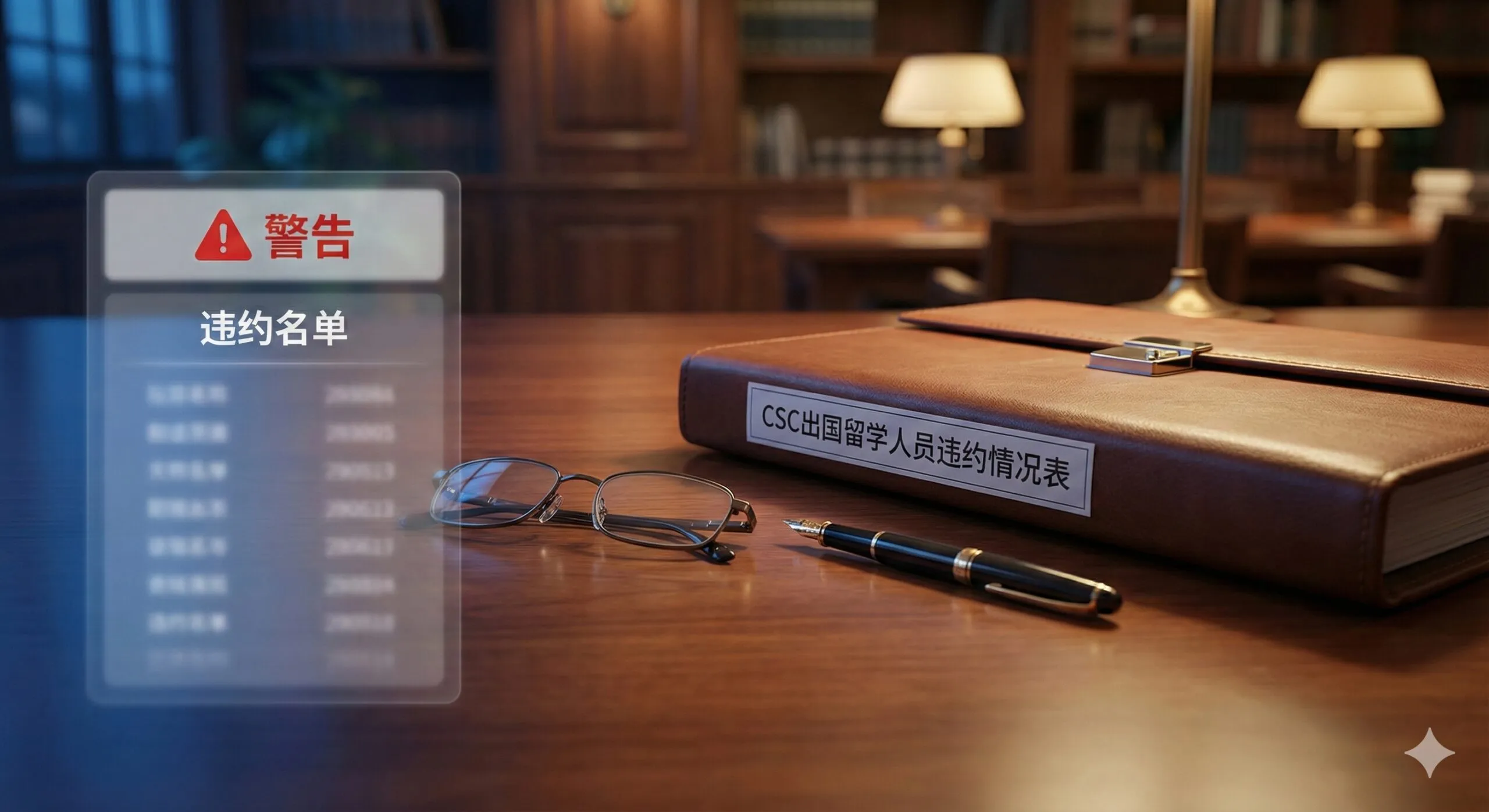 A high-quality, professional concept image depicting the tension of a CSC study abroad agreement. The visual features a close-up of a formal legal document titled 'Agreement' on a wooden desk, with a pair of spectacles and a fountain pen nearby. A subtle, semi-transparent digital overlay displays a 'Warning' icon and a blurred list structure, symbolizing the 'CSC Default List'. The lighting is moody and serious, using deep blues and warm wood tones to convey the gravity of legal contracts and the anxiety of potential default.