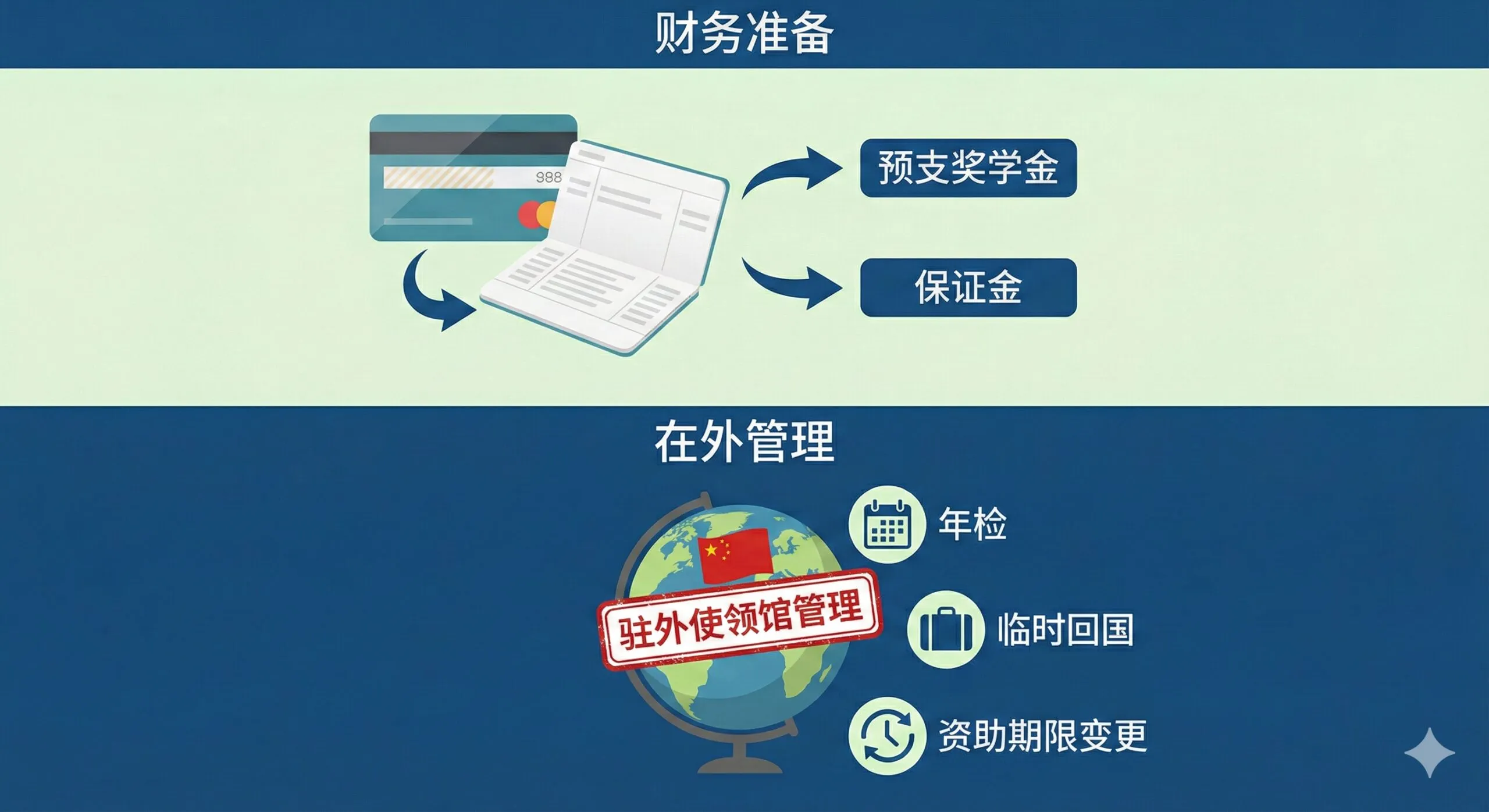 一张关于财务准备和在外管理的总结性图片。画面应分为上下两部分:上半部分是财务环节,展示一张信用卡或银行存折图标,旁边有代表资金流的箭头和“预支奖学金”及“保证金”的标签。下半部分是管理要求,一个地球模型上覆盖着一个印有五星红旗的印章或盾牌,象征驻外使领馆的管理。周围环绕着“年检”、“临时回国”和“资助期限变更”的微小图标。整体色调稳重,如深蓝与浅绿搭配,旨在传达公派留学人员的权利与义务,以及资金安全保障。