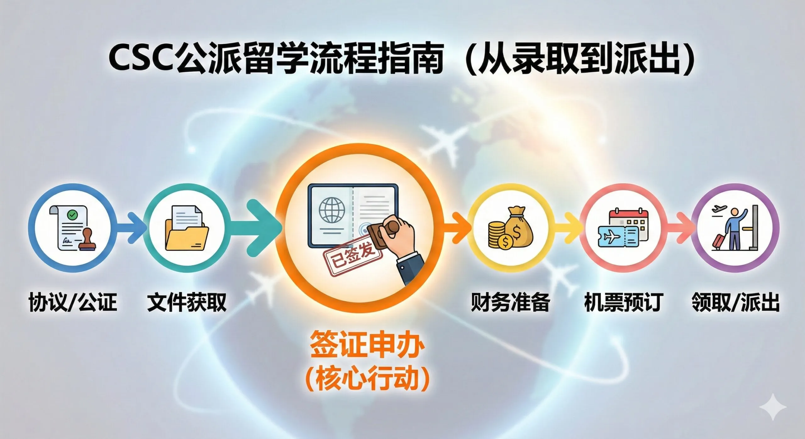 一张清晰流程图/时间轴信息图,展示CSC公派留学从“录取”到“派出”的六个关键步骤。使用箭头连接的六个彩色节点,分别代表:协议/公证、文件获取、签证申办、财务准备、机票预订、领取/派出。特别突出第三个节点“签证申办”并使用放大或亮色(如橙色)标记为“核心行动”,并用一个签证官盖章的图标或护照的元素来强化其重要性。整体风格简洁、数据可视化强,帮助用户快速理解繁杂的步骤和时间顺序。背景可有虚化的地球和飞机航线图。