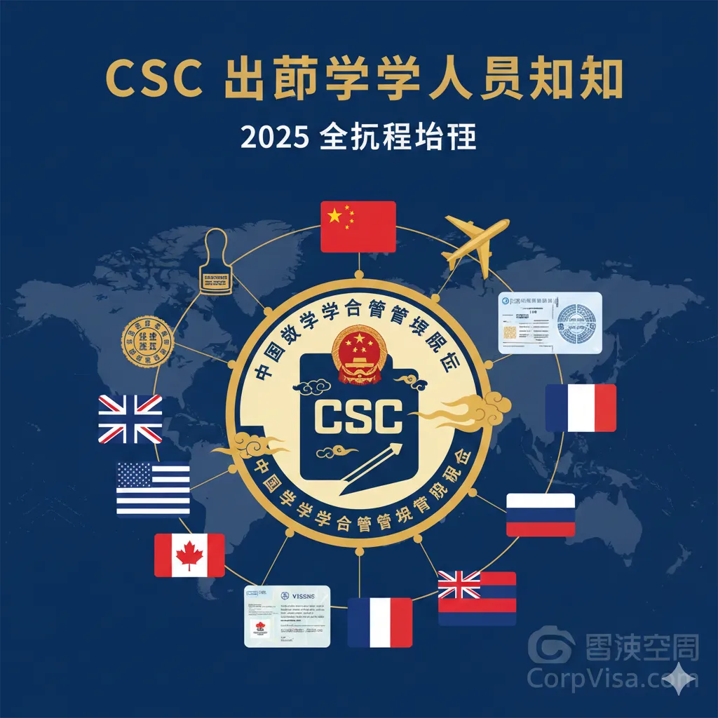 设计风格为专业、可靠的商业扁平化设计,色调以象征权威和专业的深蓝、金色为主。图片中央是一个醒目的、融合了中国传统云纹和现代护照元素的CSC徽章或图标,周围环绕着公证文件、签证贴纸、飞机模型和象征国家留学的旗帜。标题文字“CSC 出国留学人员须知”和“2025 全流程指南”以简洁有力的字体排布,强调一站式服务的专业性,适合作为文章的开篇视觉。构图上,核心元素居中,周围信息图表化。突出CorpVisa的标志(可虚化或以水印形式体现)。