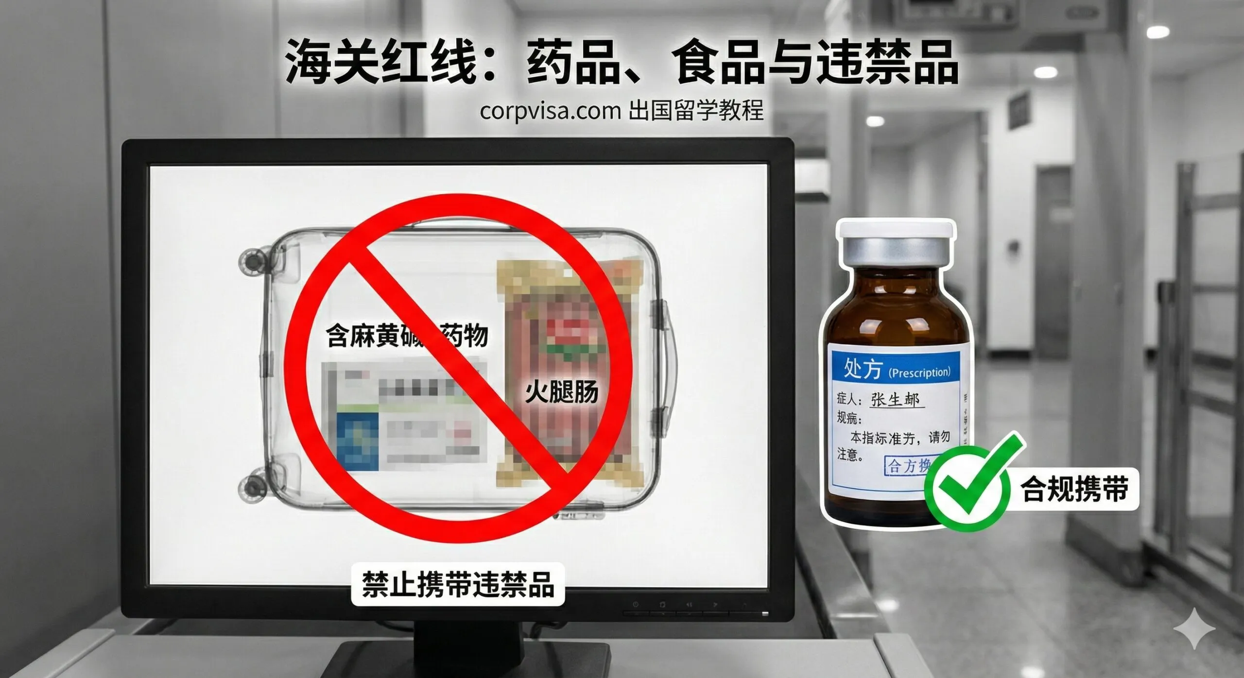 图片用于强调“海关红线:药品、食品与违禁品”部分的指导作用,特别是药品合规携带。画面主体应是X光机扫描下的一个行李箱局部,突出显示禁止携带的物品。一个红色的警示标志(例如一个大的❌符号)覆盖在含有麻黄碱成分的感冒药和火腿肠等违禁品的图像上。旁边有一个小药瓶,附带一张清晰的英文处方(Prescription)标签,表示“合规携带”。背景应是海关通道的灰色调,强调严肃性。整体风格应是简洁、高对比度的警示信息图。