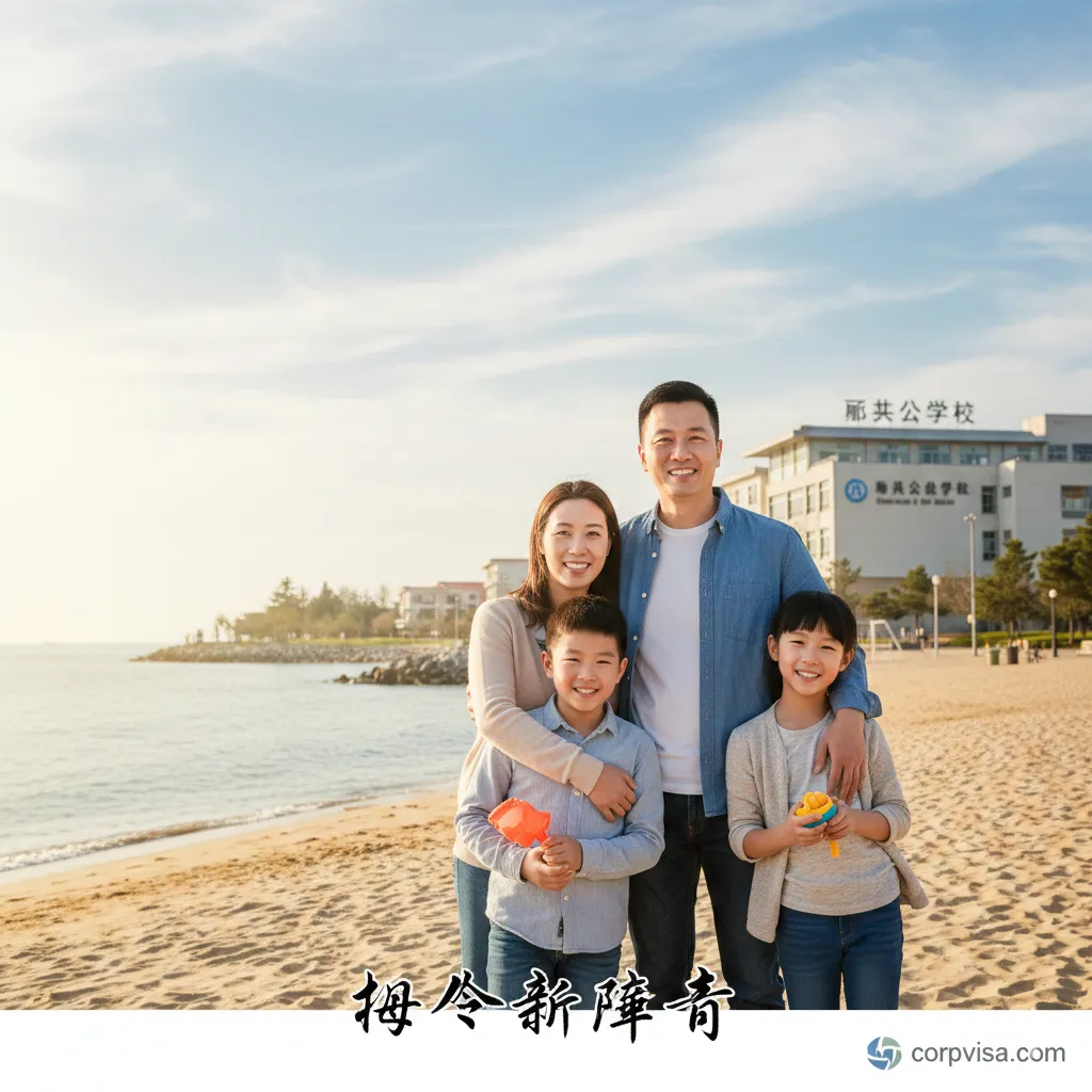 图片用于总结部分,强调大龄或家庭申请者成功的圆满结局。画面中央是一个温馨的四口之家(父母和两个孩子),在加拿大或澳大利亚的公立学校或海边公园愉快地生活。父母带着满足的笑容,象征着身份的稳定和子女教育的成功。风格应温暖、积极,采用柔和的自然光。构图重点突出家庭和睦与身份安全感,与文章末尾的'海外新篇章'相呼应,作为最终目标的视觉总结。