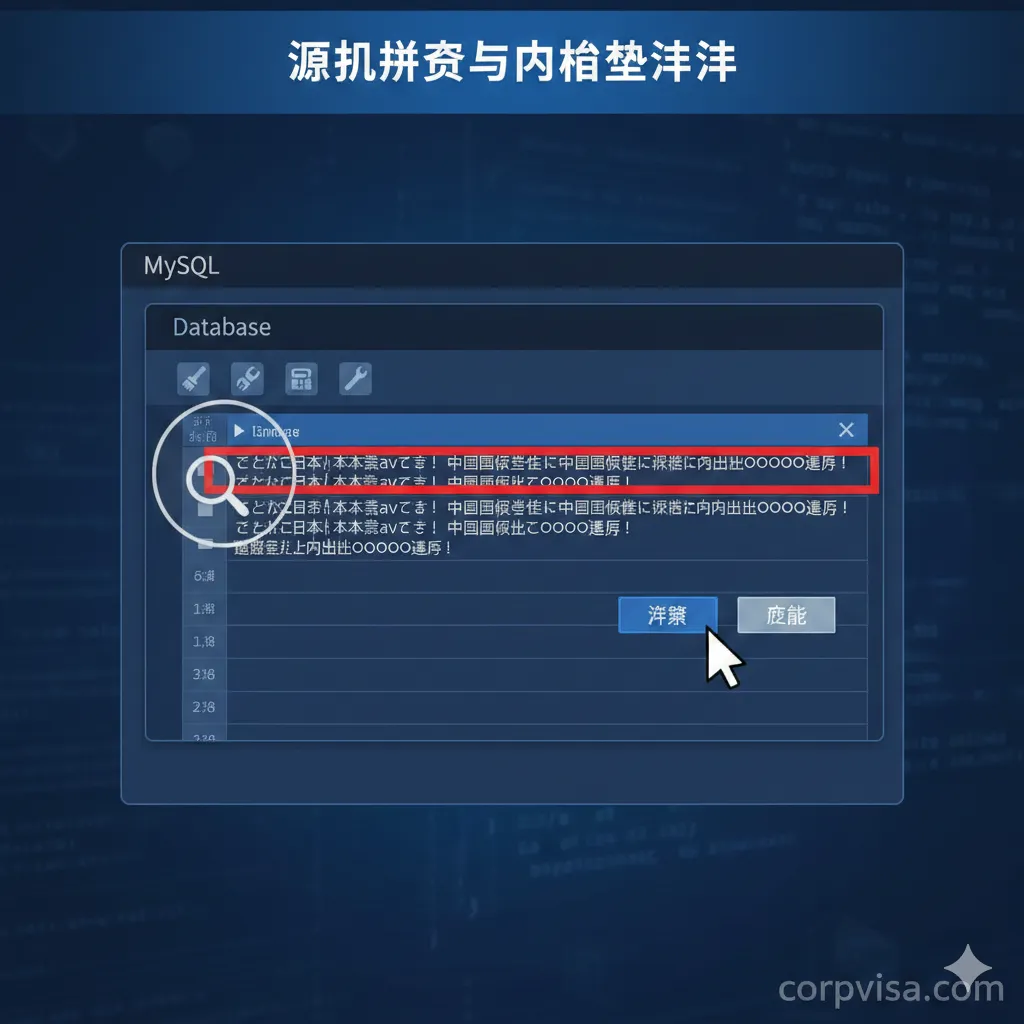 此图描绘安全团队进行数据库清洗和代码审查的核心技术功能。画面以深蓝色为主色调，中央是一个放大显示的数据库（MySQL）结构图或表格界面，其中有一段突出显示（如用红色高亮）的乱码或恶意代码（代表黑帽关键词注入），旁边一只虚拟的手正在使用鼠标点击“Delete”或“Clean”按钮。构图应体现精准定位和彻底清除的过程，上方可配有放大镜和工具图标，强调“源头排查”和“数据库清洗”的精细操作。
