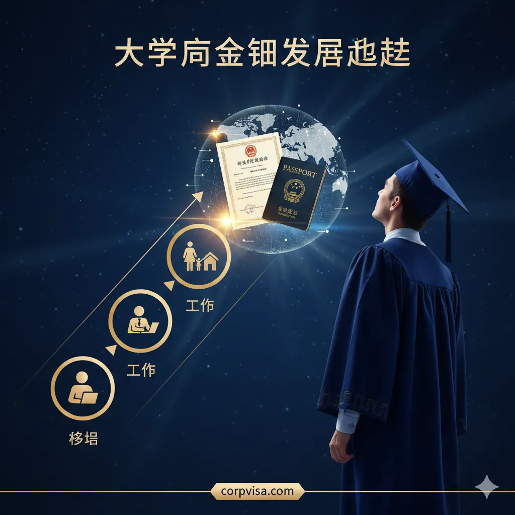 图片应呈现大学毕业后开启全球职业生涯的宏大主题。画面中心是一位身着毕业袍的毕业生,仰望着由学位证书、护照和世界地图元素构成的未来。背景采用深蓝与金色调,象征专业与希望。构图采用三分法,右侧为毕业生,左侧是一个由“Study-Work-Immigration”三个图标连接起来的箭头路径,强调一体化规划。整体风格应是现代、励志且专业的。
