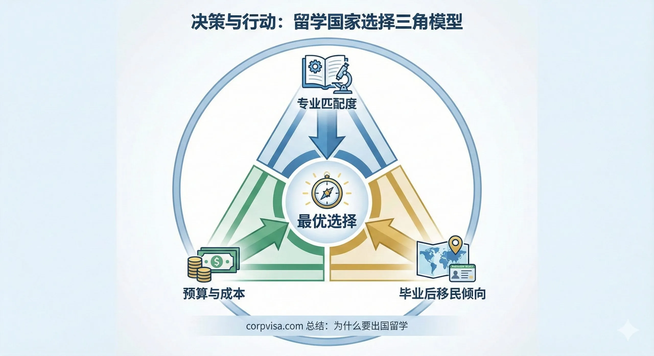 此图用于“决策与行动”部分，总结留学国家选择的“三角模型”。构图应是一个清晰、对称的三角形信息图表（Infographic）。三角形的三个角分别用图标和文字标注：1. 专业匹配度（如书籍或实验器材）；2. 预算与成本（如金钱符号）；3. 毕业后移民倾向（如目的地地图或永居卡）。中心点汇聚，代表“最优选择”。整体风格应专业、具有指导性，方便读者一目了然地理解决策依据。