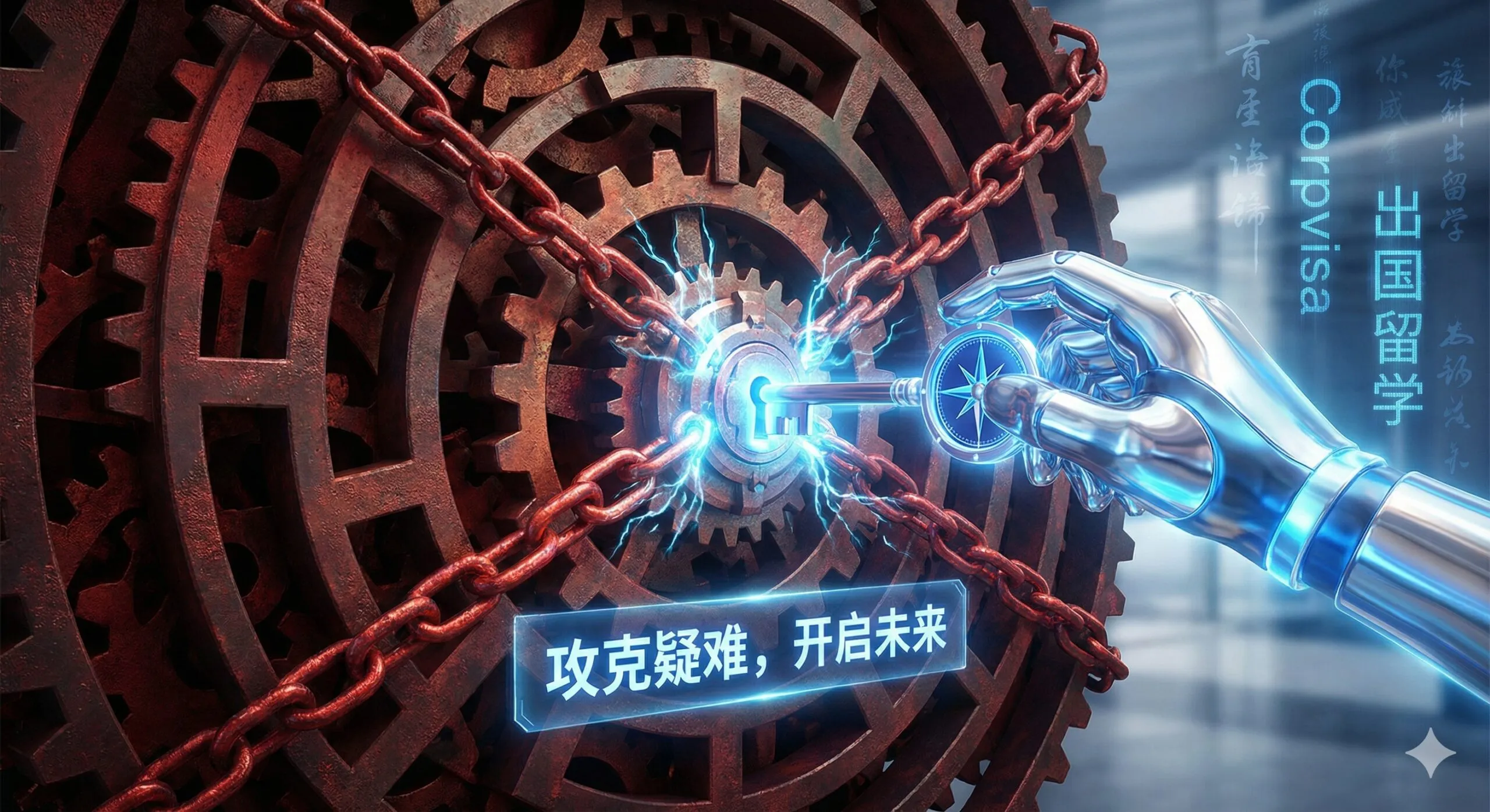 突出Corpvisa处理高难度案件优势的图片。画面以一座由复杂齿轮和锁链构成的迷宫为背景，象征“大龄、倒读、拒签史、敏感专业”等特殊情况的申请困境。一只手（代表Corpvisa）正拿着一个精准的工具（如指南针或定制化钥匙）轻松地解开其中的一个死结或打开一扇门。色彩采用对比强烈的红（代表困难/风险）和银色/亮蓝（代表解决方案/专业），强调Corpvisa解决复杂签证问题的专业能力和成功率。