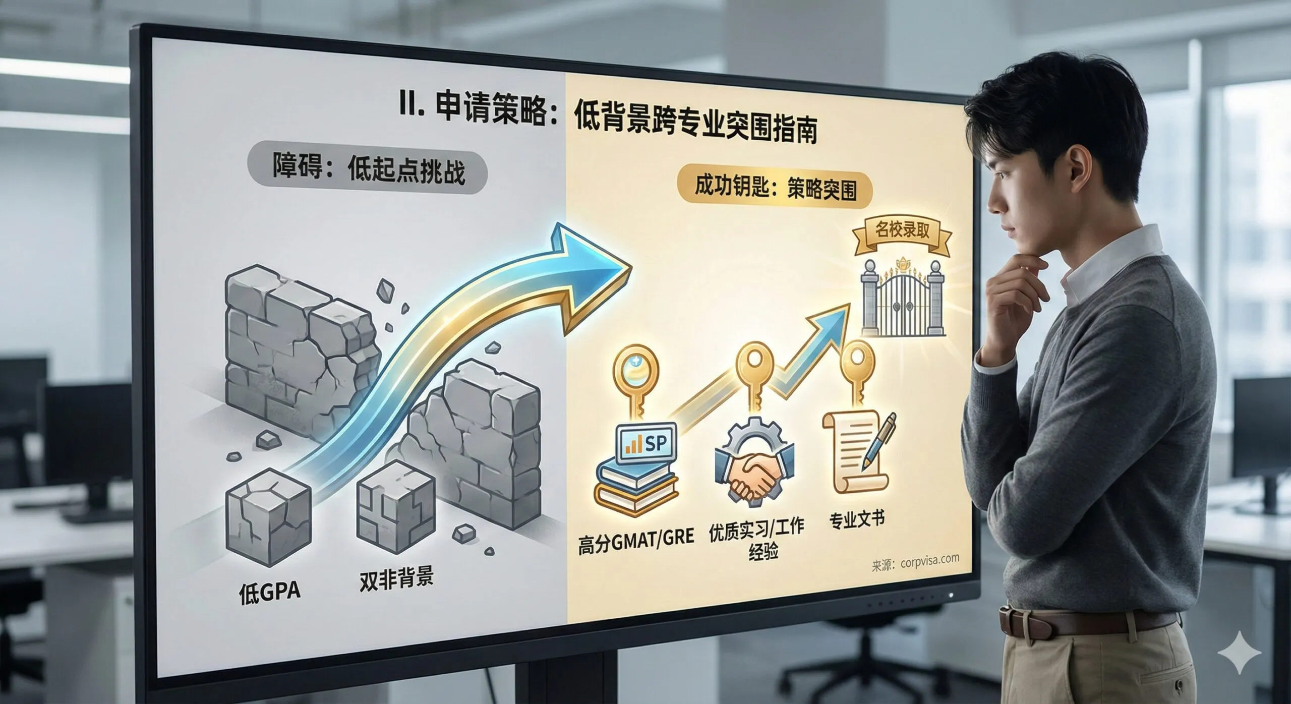 图片用于 II. 申请策略部分,指导低背景和跨专业申请者如何突围。画面应展示一位专业人士(学生或职场人)正在认真研究一个多元素信息图:左侧是“低GPA”和“双非”的抽象障碍,右侧是“GMAT/GRE高分”、“优质实习/工作经验”和“专业文书”的成功钥匙。色彩对比鲜明,障碍部分偏灰,解决方案部分明亮。构图应突出解决问题的步骤和策略性,例如,一个带有箭头指示的背景提升路径。