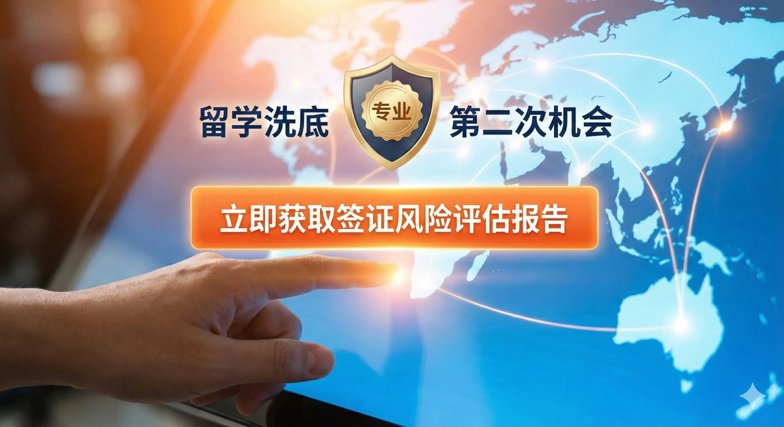 图片作为行动号召和总结。画面中心是一个明确的行动按钮或手部点击触屏的动作,按钮上写着'立即获取签证风险评估报告',强调文章末尾的咨询服务。背景是模糊的全球地图,上方有CorpVisa的专业Logo(或象征专业的盾牌/公章),以及'留学洗底'、'第二次机会'等鼓舞人心的口号。整体色彩充满活力和积极性,如橙色或亮蓝,传达'与其纠结,不如行动'的积极情绪。