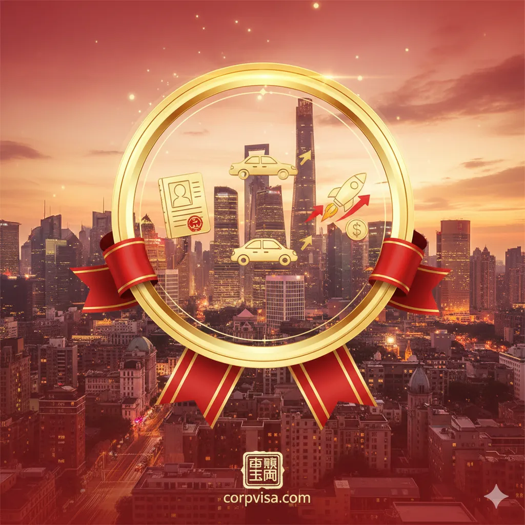 突出“维度三:国内政策红利——落户与创业补贴”的优势。画面主体是一个带有中国一线城市天际线(如上海/北京)的背景,前方有一个抽象的奖章或光环(象征人才政策与荣誉),光环内包含三个核心元素图标:一个户口本或印章(代表落户)、一辆汽车(代表免税购车)、一个火箭或增长箭头(代表创业补贴/资金支持)。色彩明亮,使用红色和金色系点缀,象征回国后的温暖与优待,体现国内对海归人才的争夺和政策优势。