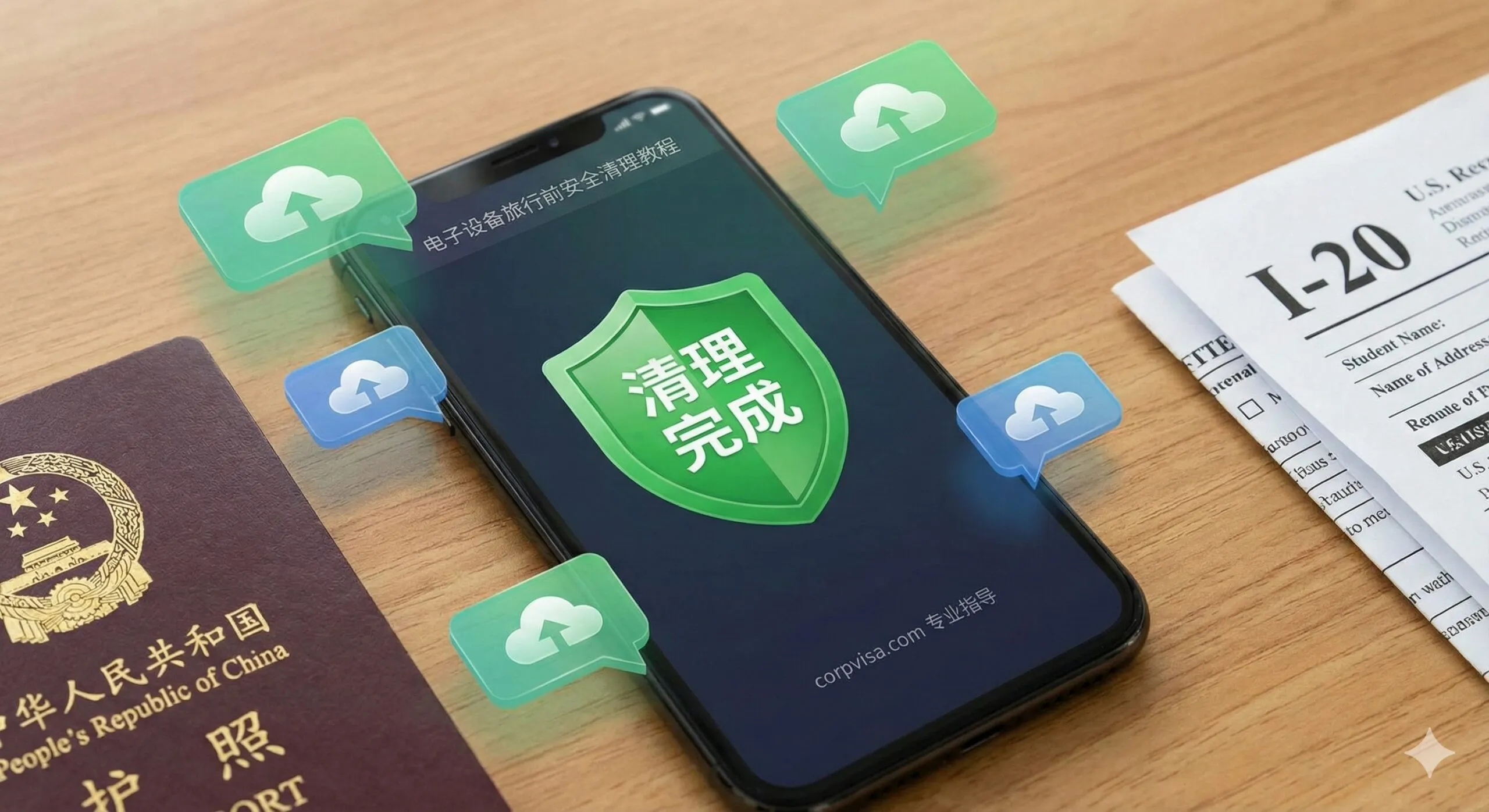 专注于电子设备检查与清理的特写图。画面展示一部放在护照和I-20表格旁边的智能手机，屏幕上显示一个绿色的安全盾牌图标，象征'Clean'（清理完毕）。周围漂浮着象征性的聊天气泡、云