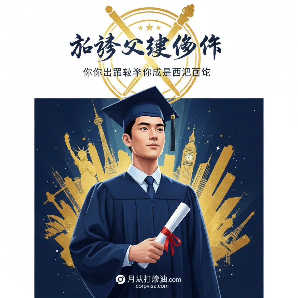 展示精英教育与机遇的底层逻辑。画面主体是一个流程图或思维导图的抽象化图形,核心是“批判性思维”、“创新能力”和“领导力”三个关键要素,用发光的图标表示。周围有箭头指向一个终点——一个站在高处、俯瞰全球商业版图的成功人士(仅背影或侧影,象征目标)。色彩使用蓝色和金色渐变,增强专业和精英感。图中应有护照、飞机、高等学府建筑的微小元素点缀,体现“留学”和“全球视野”。