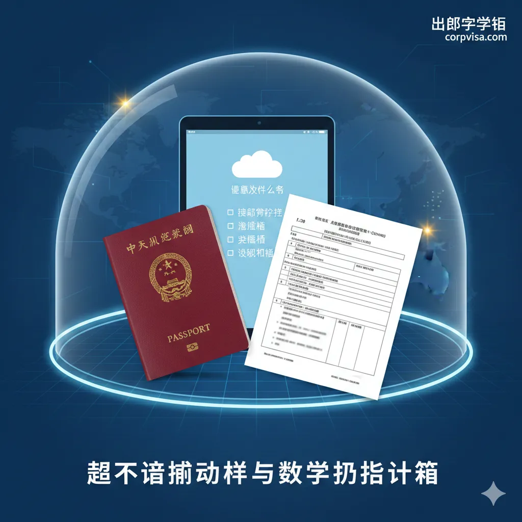 用于突出文章“绝不遗漏的文件与数字行李清单”部分的核心安保功能。图片应展示一个“文件保护伞”的概念。画面中心是一个清晰的护照原件、I-20/CAS文件,旁边是象征数字化备份的平板电脑或手机屏幕,屏幕上显示云端存储图标和重要文件列表。周围有淡蓝色的保护罩或光环,强调这些文件需要随身携带和备份的重要性。色彩应是严肃的商务蓝、白色和少许高亮的警示黄。风格应是信息图表与实物混合的专业插画。