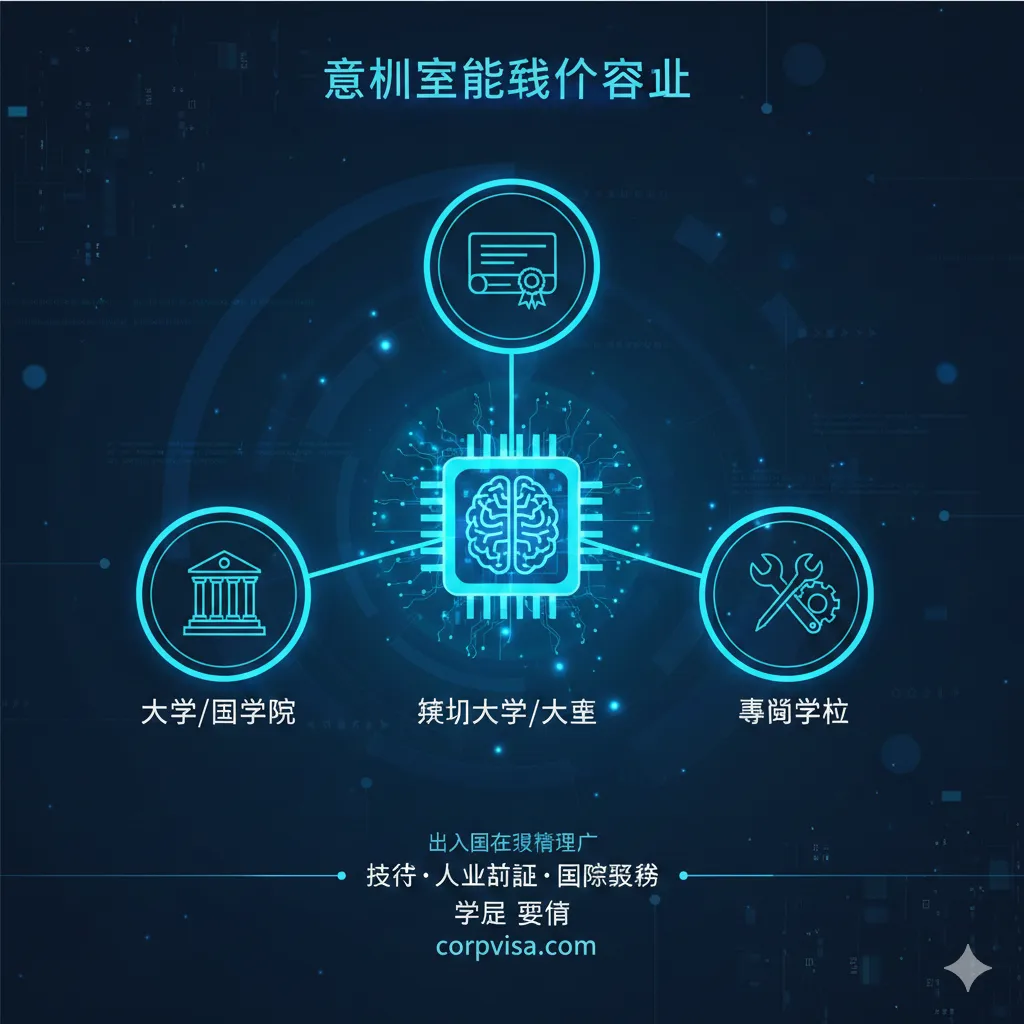 一张具有科技感的信息图，展示日本‘技术·人文知识·国际业务’签证的三大核心功能分类。画面中心是一个发光的芯片或大脑，向外延伸出三个分支：‘大学/大学院’、‘短期大学/大专’、‘专门学校’。每个分支配有代表性的图标（如图书馆、证书、技能工具）。色彩使用充满活力的蓝色和青色，背景带有微弱的数据流元素，强调审查的专业性。