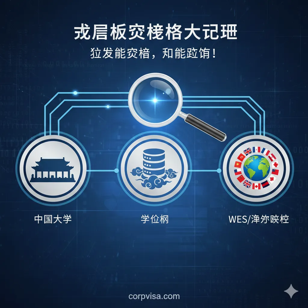 功能/机制展示图,聚焦于成绩单核查的严密流程。画面以科技蓝和银色为主色调,展示三个连接的流程节点:1. 中国大学(一个古老的校门剪影) 2. 学信网(一个带有中国龙元素的数字数据库图标) 3. WES/海外院校(一个地球或多个国际旗帜图标)。三者之间用数据流线连接,并在流线上方放置一个巨大的放大镜图标,强调“火眼金睛”的核查机制。旨在图解“核查机制大起底”部分,突出成绩造假无所遁形。