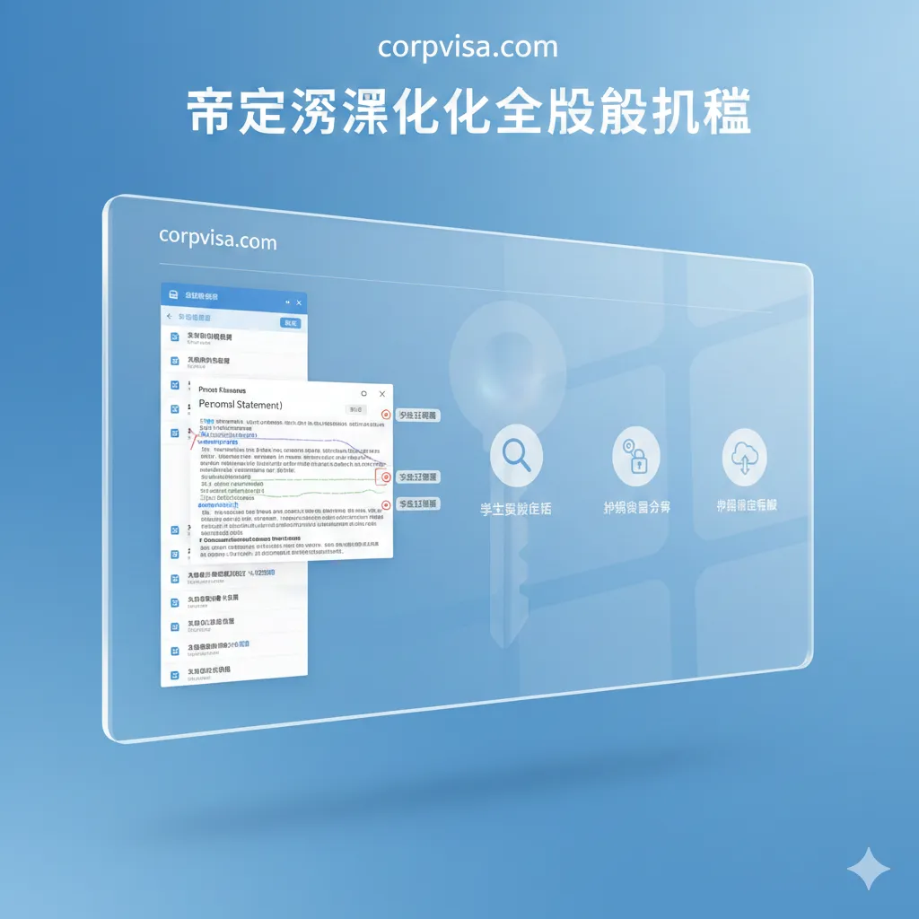 展示“彻底透明化（Radical Transparency）”服务流程的功能图。画面主体是一个透明的玻璃屏或电子屏幕，屏幕上显示着申请邮箱的界面和文书（Personal Statement）的修改记录，旁边有一把钥匙的剪影，象征信息共享。色彩以明亮、清新的蓝色和白色为主，强调公开和信任。构图简洁，突出“学生审核定稿”、“账号密码共享”等关键信息图标，避免“信息茧房”的暗色调。