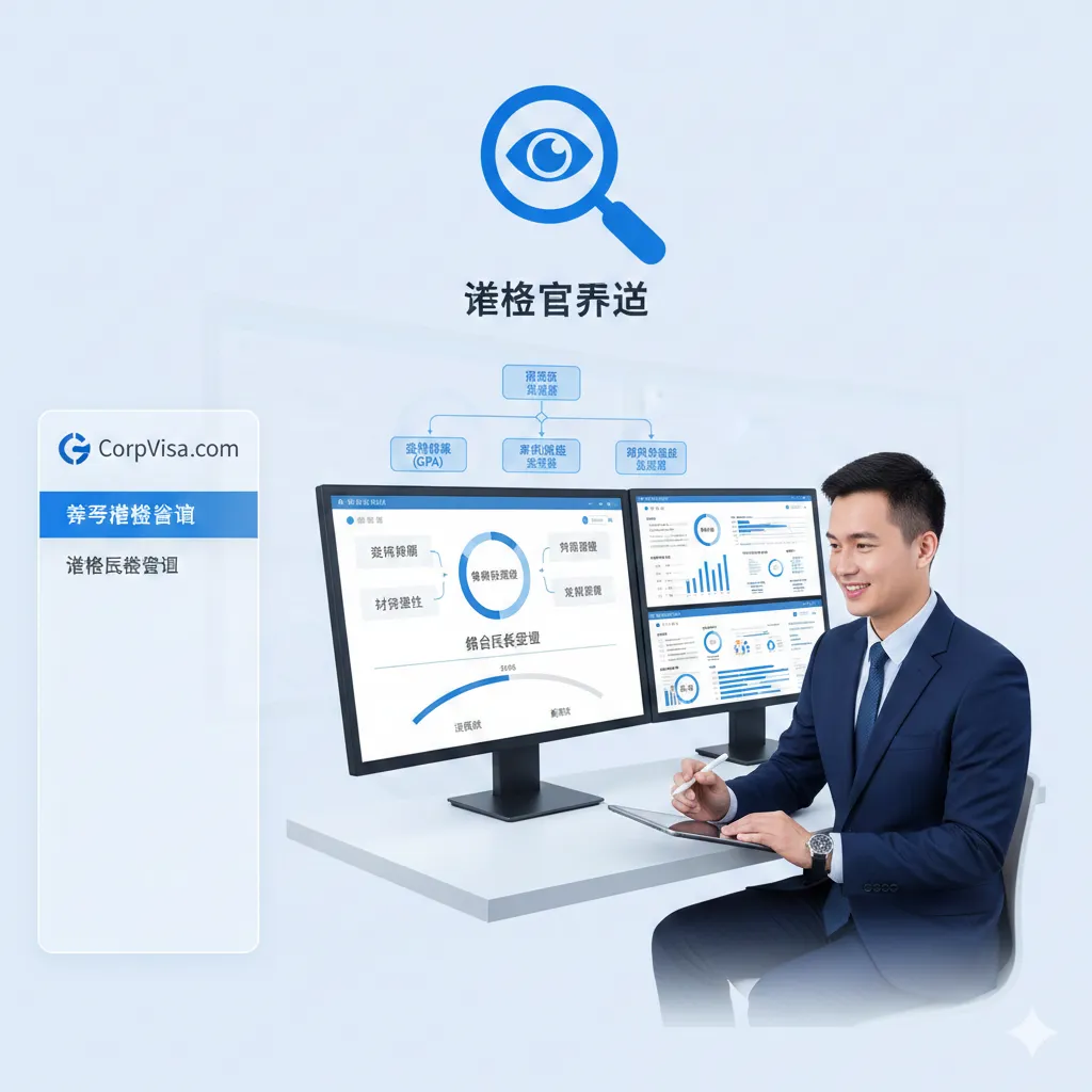 图片聚焦于“签证风险评估与规划”这一核心功能。画面为一个简洁的流程图或数据分析界面，上方放置一个代表“签证官视角”的放大镜或一只眼睛的图标，下方显示申请人的背景资料（如GPA、资金、专业跨度）被专业分析的场景。旁边有一位专业的顾问（形象应是西装革履，面带微笑）正在电脑前分析数据。色彩风格采用科技蓝和白色，突出数据化和专业性。构图应将签证官视角和风险评估流程并置，清晰展示“签证前置”的咨询服务特色。