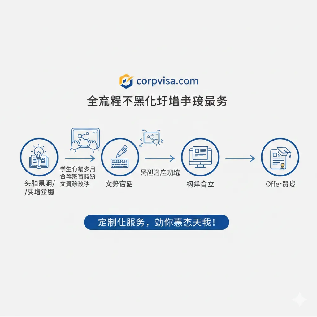 聚焦Corpvisa“全流程透明化服务”和“定制化”的价值主张。图片以流程图或时间轴的形式展示，从“头脑风暴/背景评估”开始，到“文书定稿”，再到“网申提交”，最后到“Offer获取”。关键节点用箭头连接，并在中间加入一个放大镜或一个共享屏幕的图标，特别强调“学生全程参与”、“共享账号密码”和“文书修改权”等透明化操作。整体风格清晰、逻辑性强，帮助读者理解服务流程。