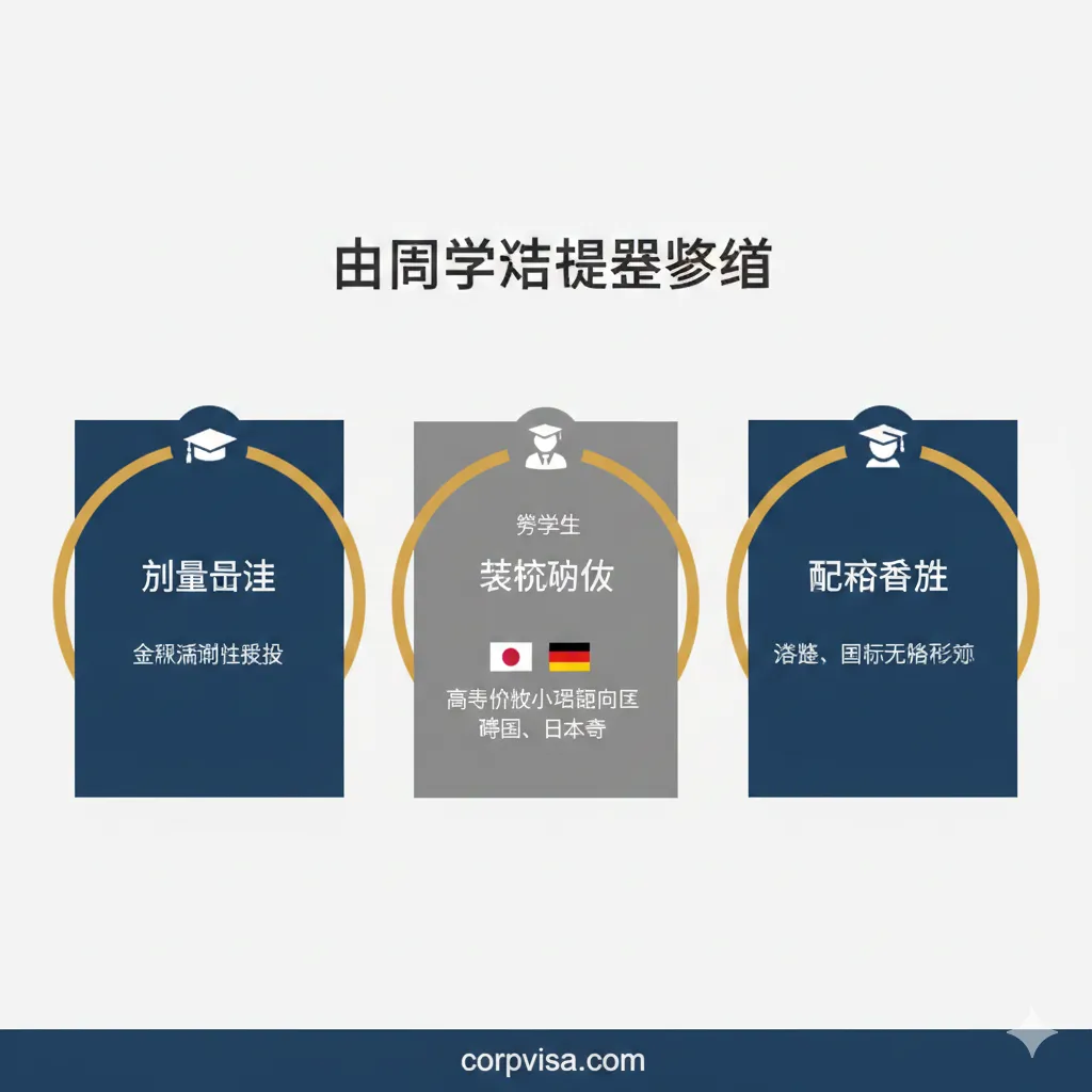 一张总结性的图表,概括留学市场的未来趋势。图表设计采用三个圆环或并列的方块,分别代表“总量稳定 (Stabilization)”、“结构优化 (Optimization)”和“政策敏感 (Policy Sensitivity)”。在“结构优化”方块中,用小图标表示研究生和高性价比小语种国家(如德国、日本)的崛起。色彩上采用沉稳且专业的色调,体现对未来趋势的理性分析和总结。